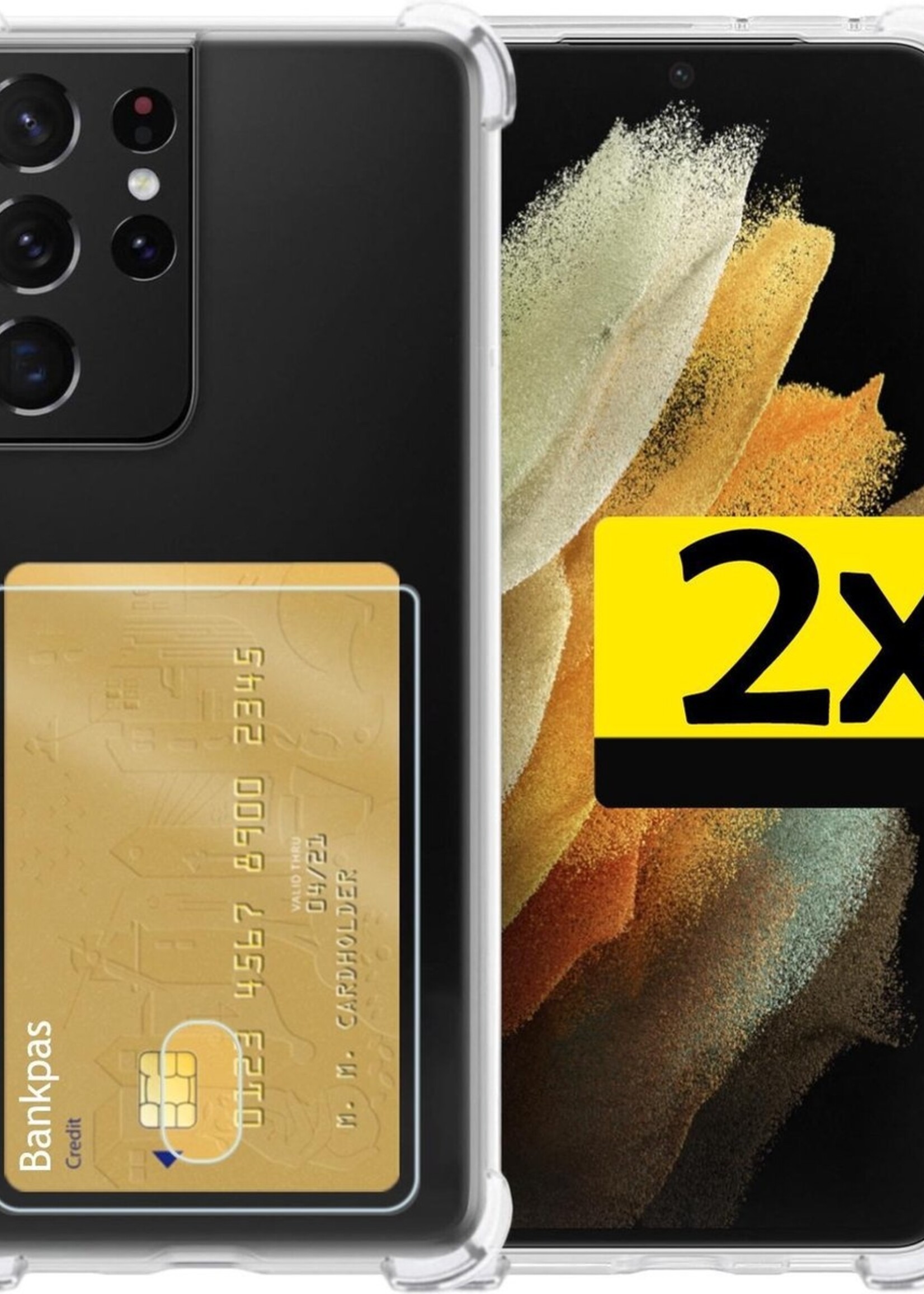 LUQ Hoesje Geschikt voor Samsung S21 Ultra Hoesje Case Pashouder Cover Siliconen - Hoes Geschikt voor Samsung Galaxy S21 Ultra Hoesje Met Kaarthouder - Transparant - 2 Stuks