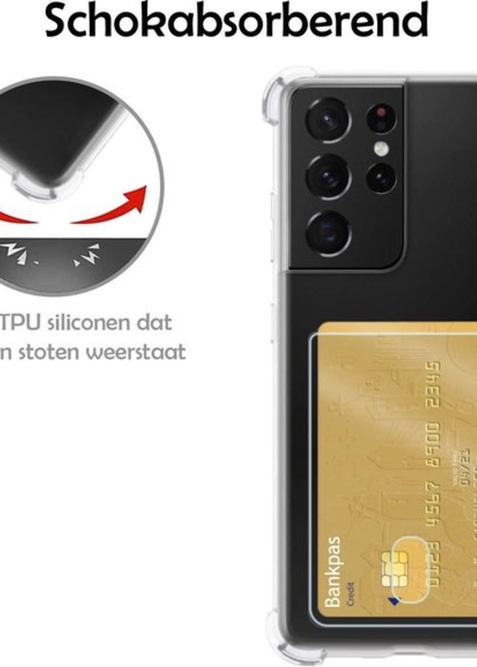 LUQ Hoesje Geschikt voor Samsung S21 Ultra Hoesje Case Pashouder Cover Siliconen - Hoes Geschikt voor Samsung Galaxy S21 Ultra Hoesje Met Kaarthouder - Transparant - 2 Stuks