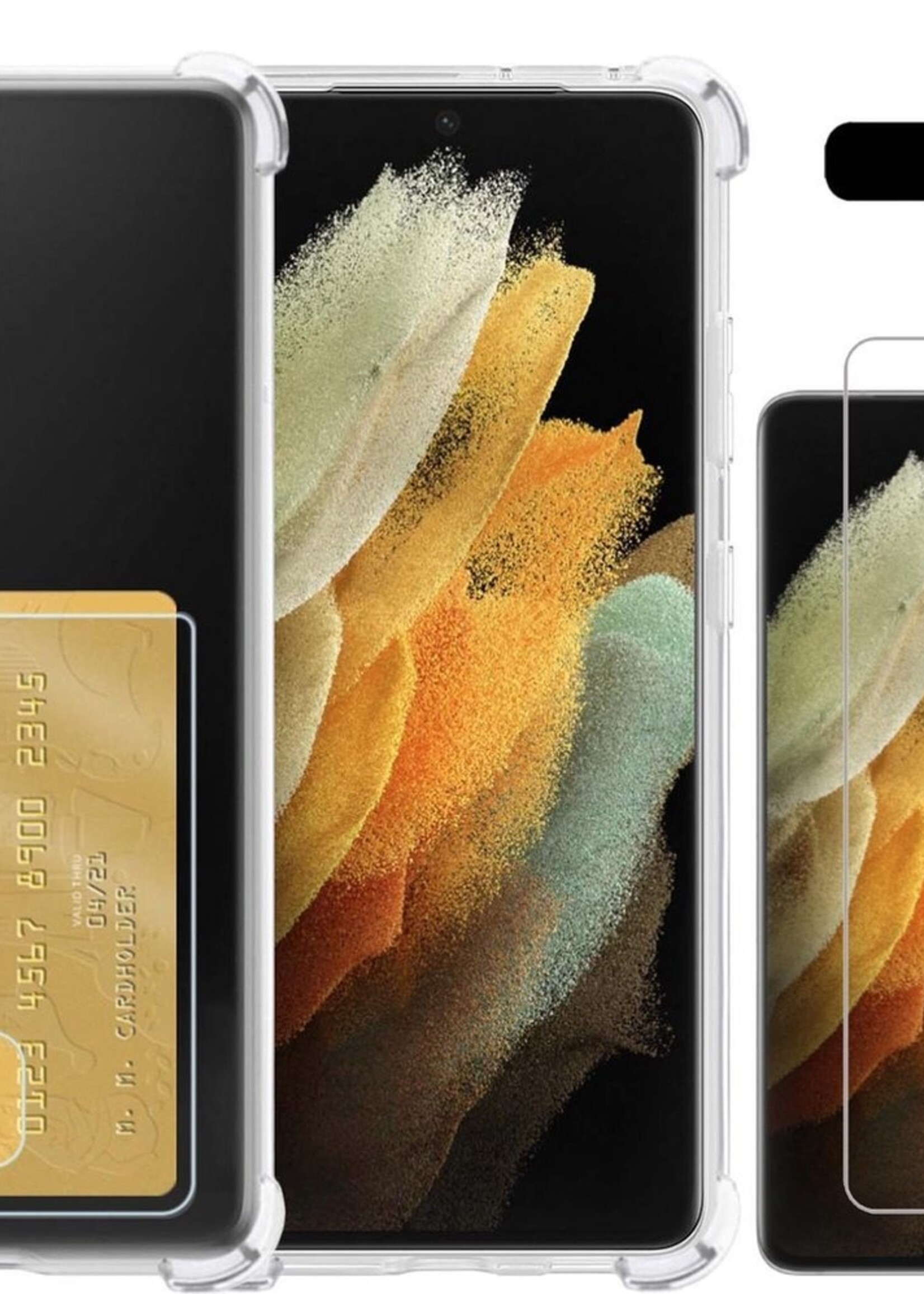 LUQ Hoesje Geschikt voor Samsung S21 Ultra Hoesje Case Pashouder Cover Siliconen Met Screenprotector - Hoes Geschikt voor Samsung Galaxy S21 Ultra Hoesje Met Kaarthouder- Transparant