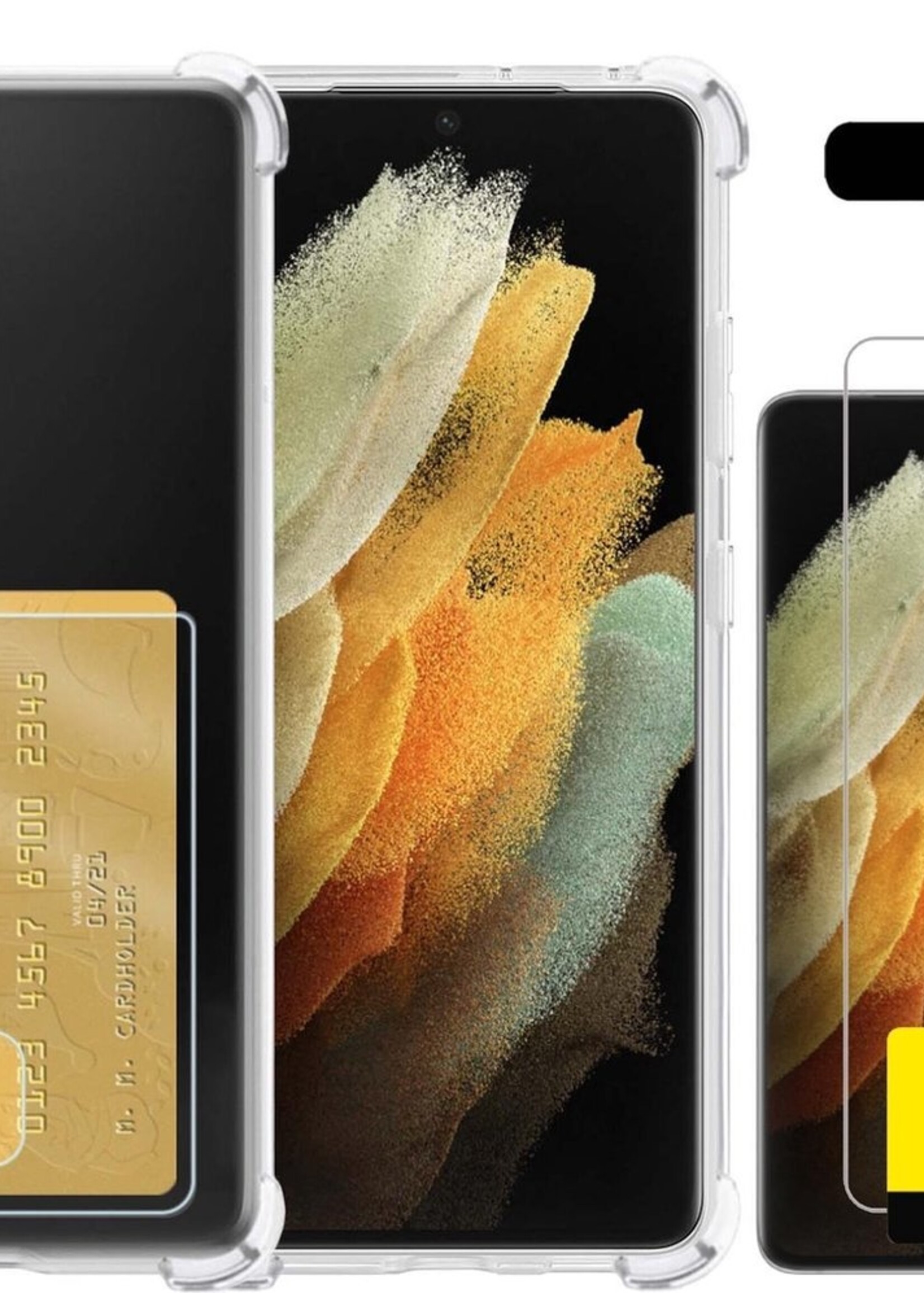 LUQ Hoesje Geschikt voor Samsung S21 Ultra Hoesje Case Pashouder Cover Siliconen Met 2x Screenprotector - Hoes Geschikt voor Samsung Galaxy S21 Ultra Hoesje Met Kaarthouder- Transparant