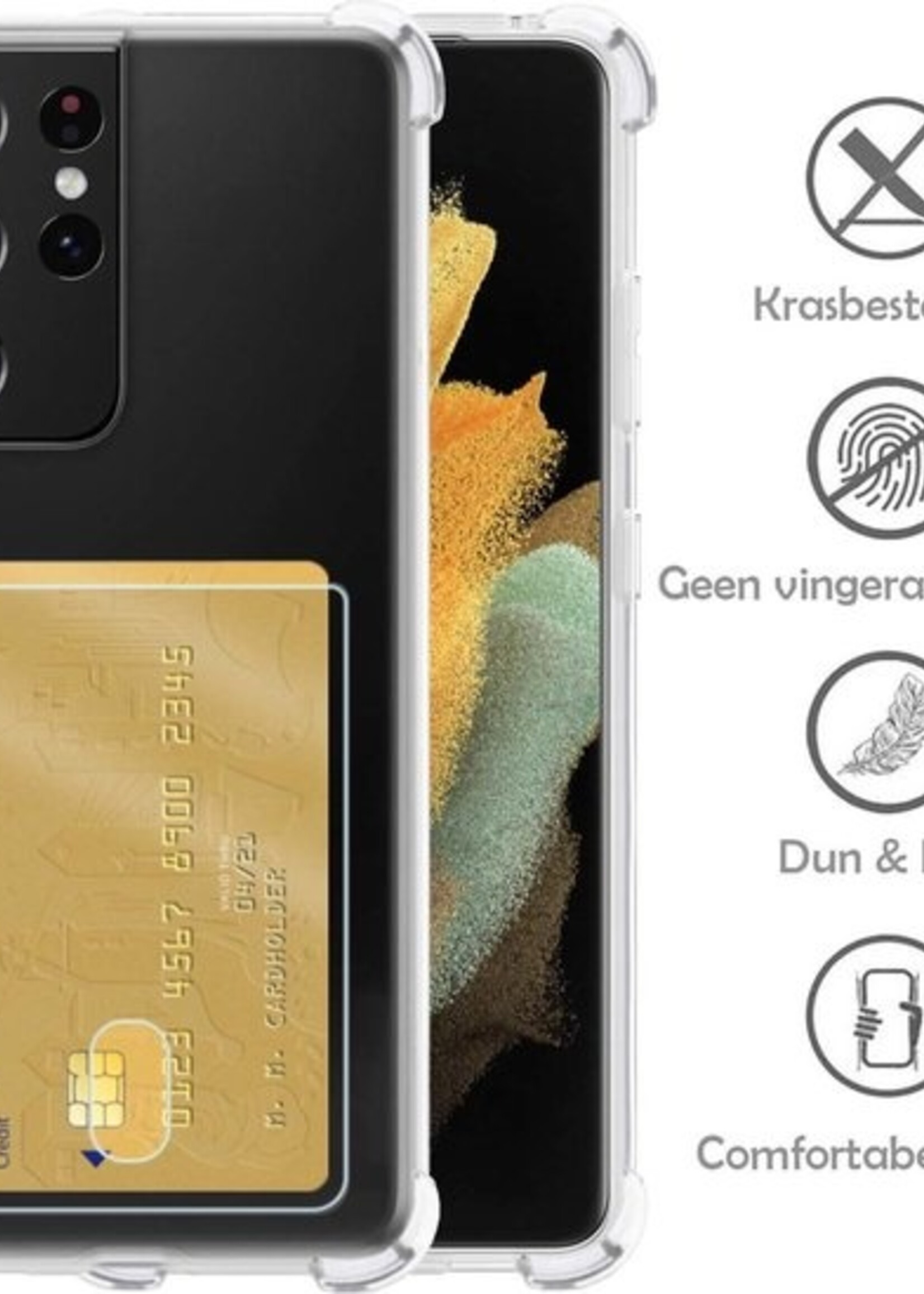 LUQ Hoesje Geschikt voor Samsung S21 Ultra Hoesje Case Pashouder Cover Siliconen Met 2x Screenprotector - Hoes Geschikt voor Samsung Galaxy S21 Ultra Hoesje Met Kaarthouder- Transparant