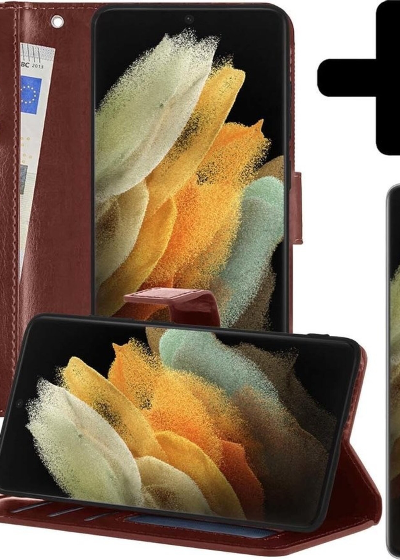 LUQ Hoesje Geschikt voor Samsung S21 Ultra Hoesje Book Case Hoes Wallet Cover Met Screenprotector - Hoes Geschikt voor Samsung Galaxy S21 Ultra Hoesje Bookcase Hoes - Bruin