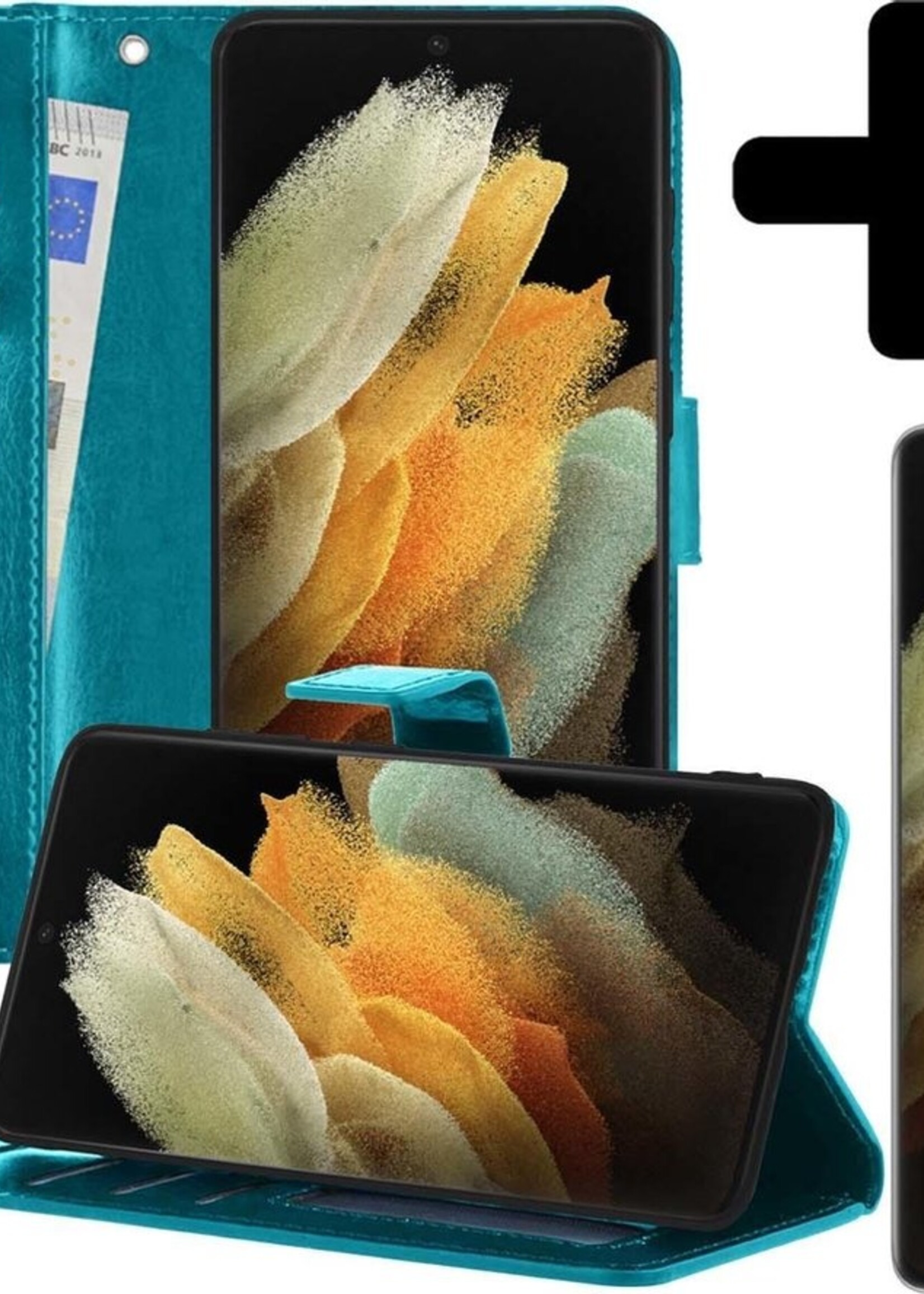 LUQ Hoesje Geschikt voor Samsung S21 Ultra Hoesje Book Case Hoes Wallet Cover Met Screenprotector - Hoes Geschikt voor Samsung Galaxy S21 Ultra Hoesje Bookcase Hoes - Turquoise