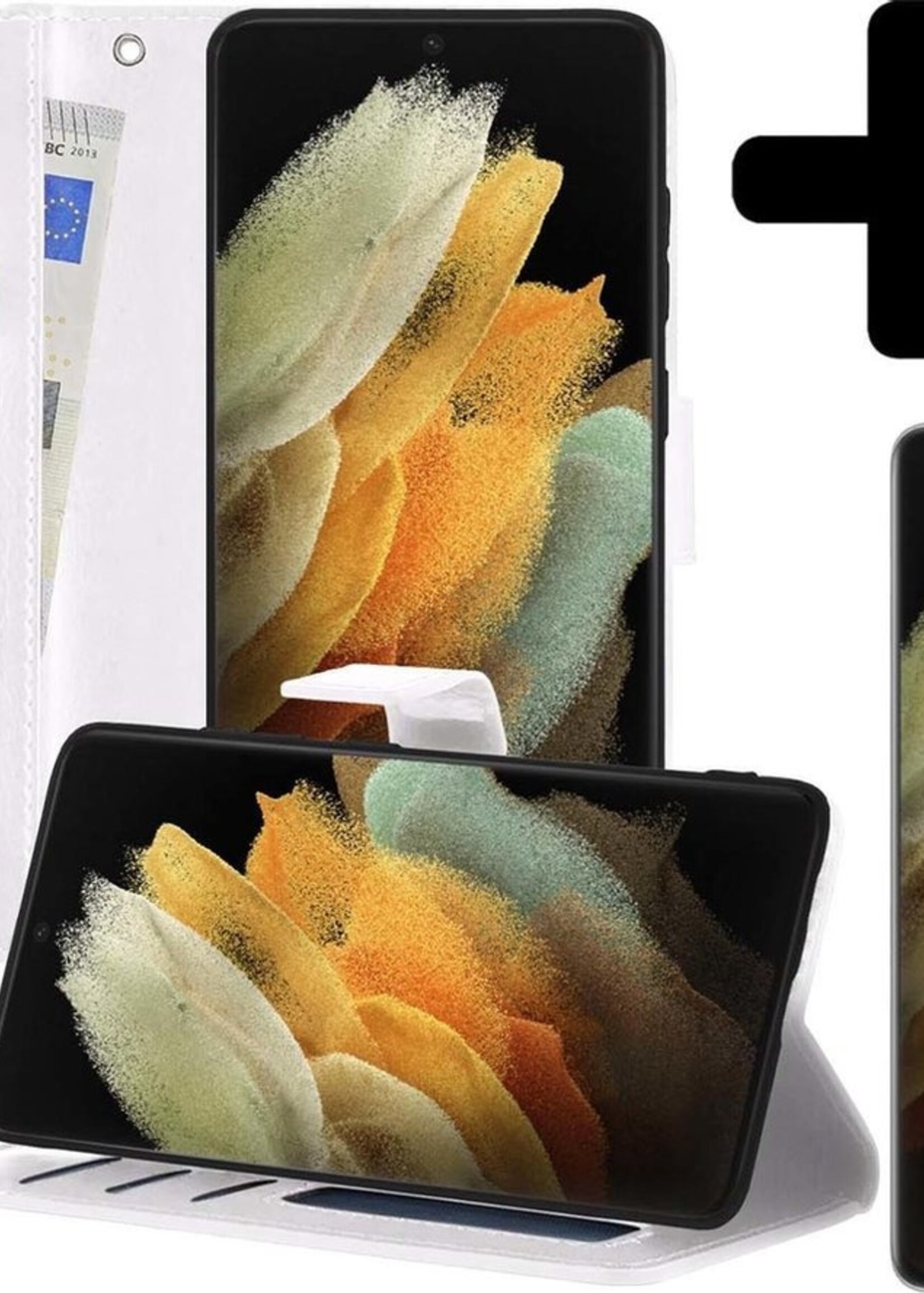 LUQ Hoesje Geschikt voor Samsung S21 Ultra Hoesje Book Case Hoes Wallet Cover Met Screenprotector - Hoes Geschikt voor Samsung Galaxy S21 Ultra Hoesje Bookcase Hoes - Wit