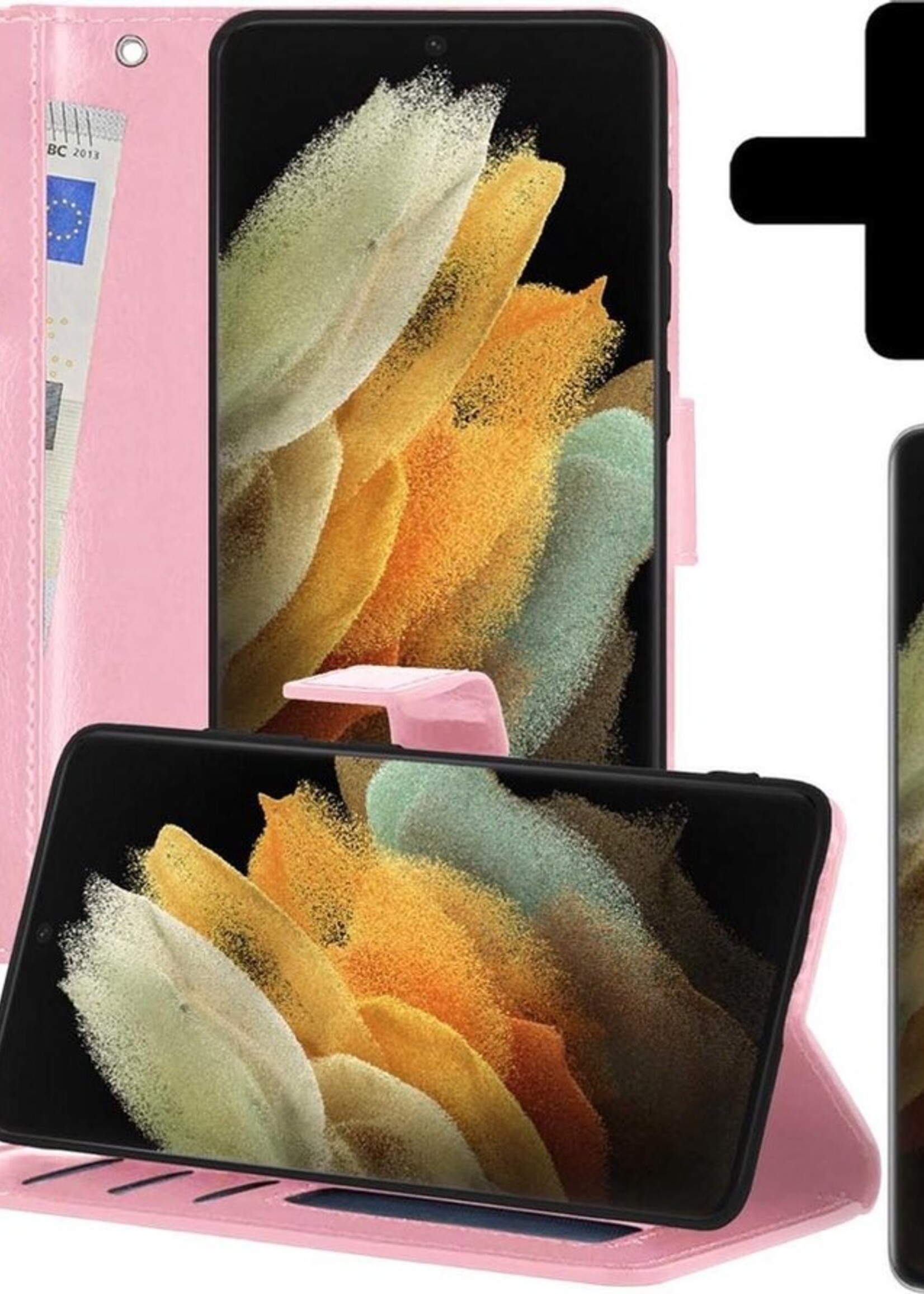 LUQ Hoesje Geschikt voor Samsung S21 Ultra Hoesje Book Case Hoes Wallet Cover Met Screenprotector - Hoes Geschikt voor Samsung Galaxy S21 Ultra Hoesje Bookcase Hoes - Lichtroze