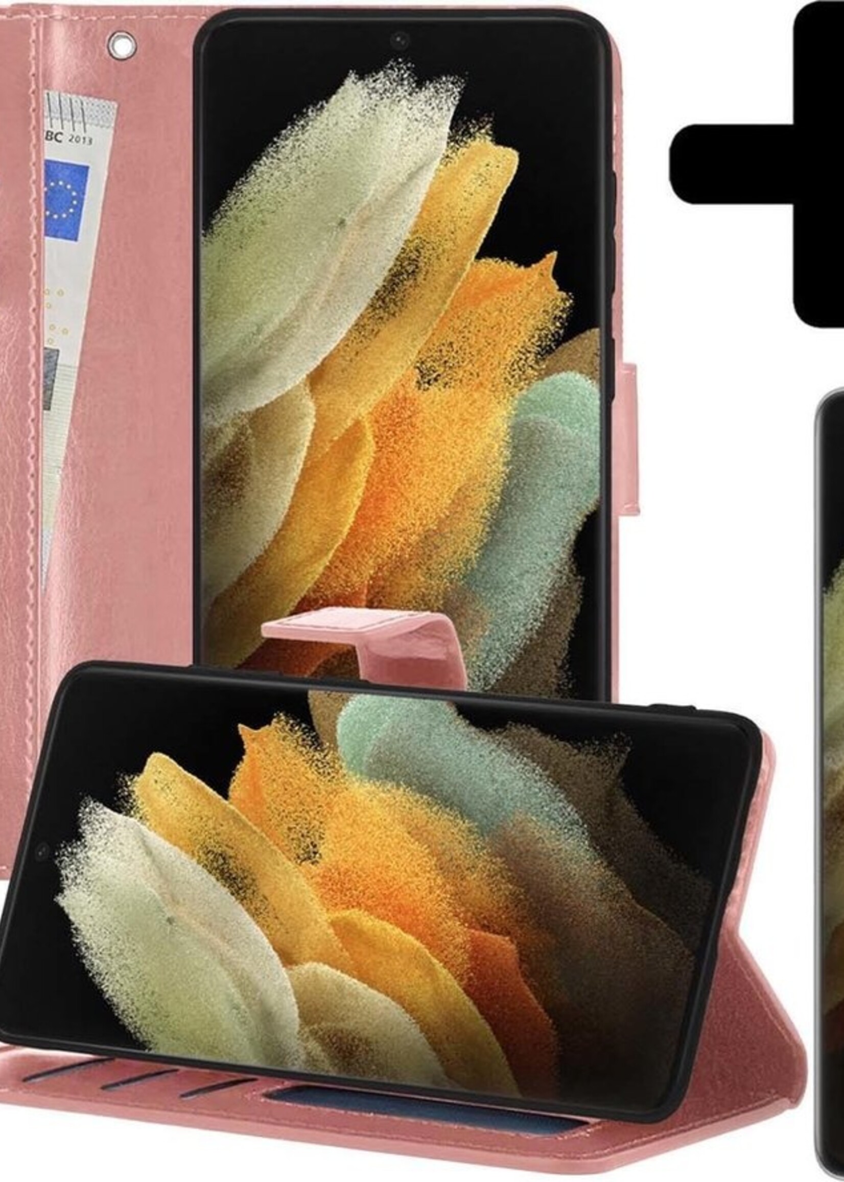 LUQ Hoesje Geschikt voor Samsung S21 Ultra Hoesje Book Case Hoes Wallet Cover Met Screenprotector - Hoes Geschikt voor Samsung Galaxy S21 Ultra Hoesje Bookcase Hoes - Rosé goud