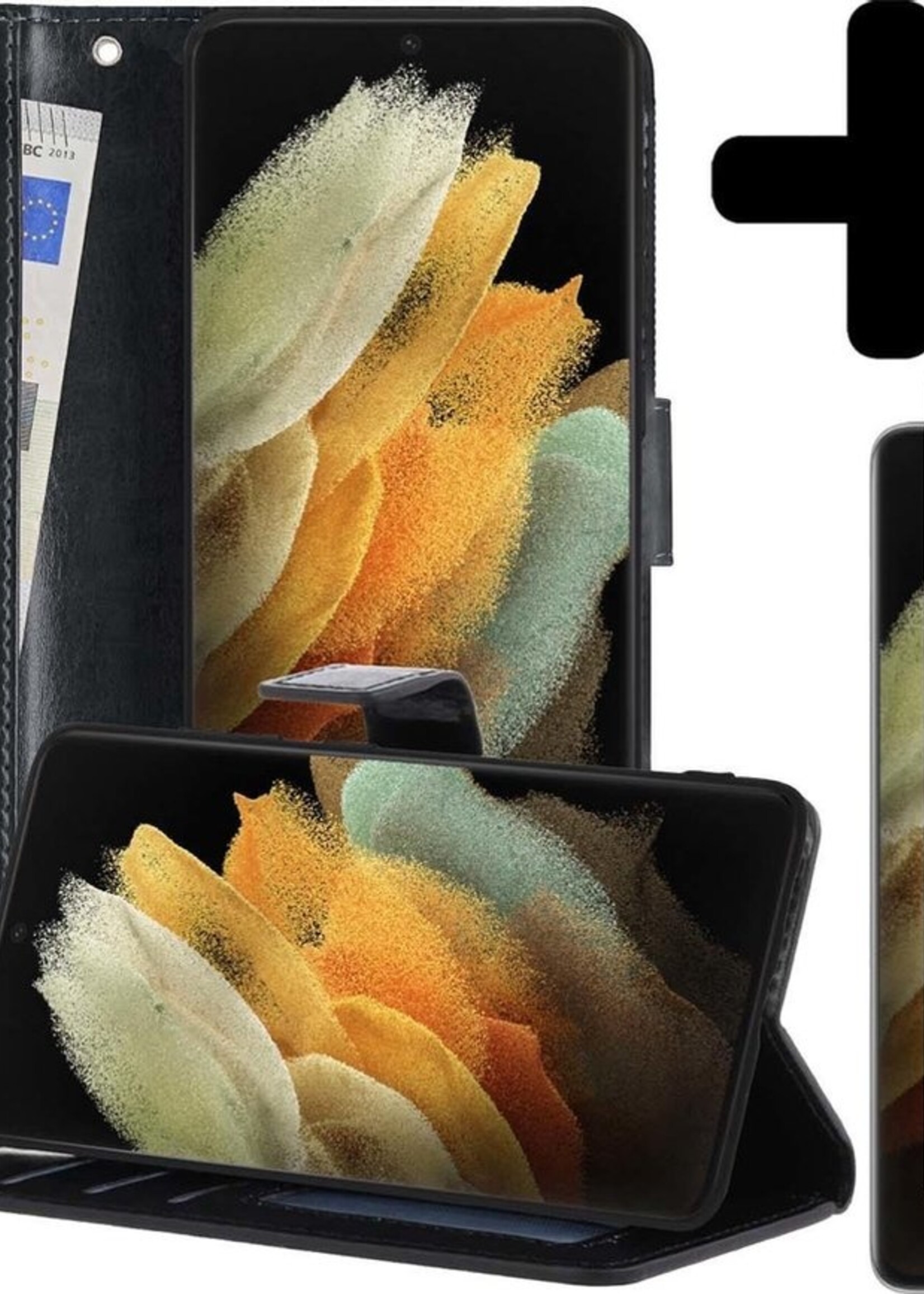 LUQ Hoesje Geschikt voor Samsung S21 Ultra Hoesje Book Case Hoes Wallet Cover Met 2x Screenprotector - Hoes Geschikt voor Samsung Galaxy S21 Ultra Hoesje Bookcase Hoes - Zwart