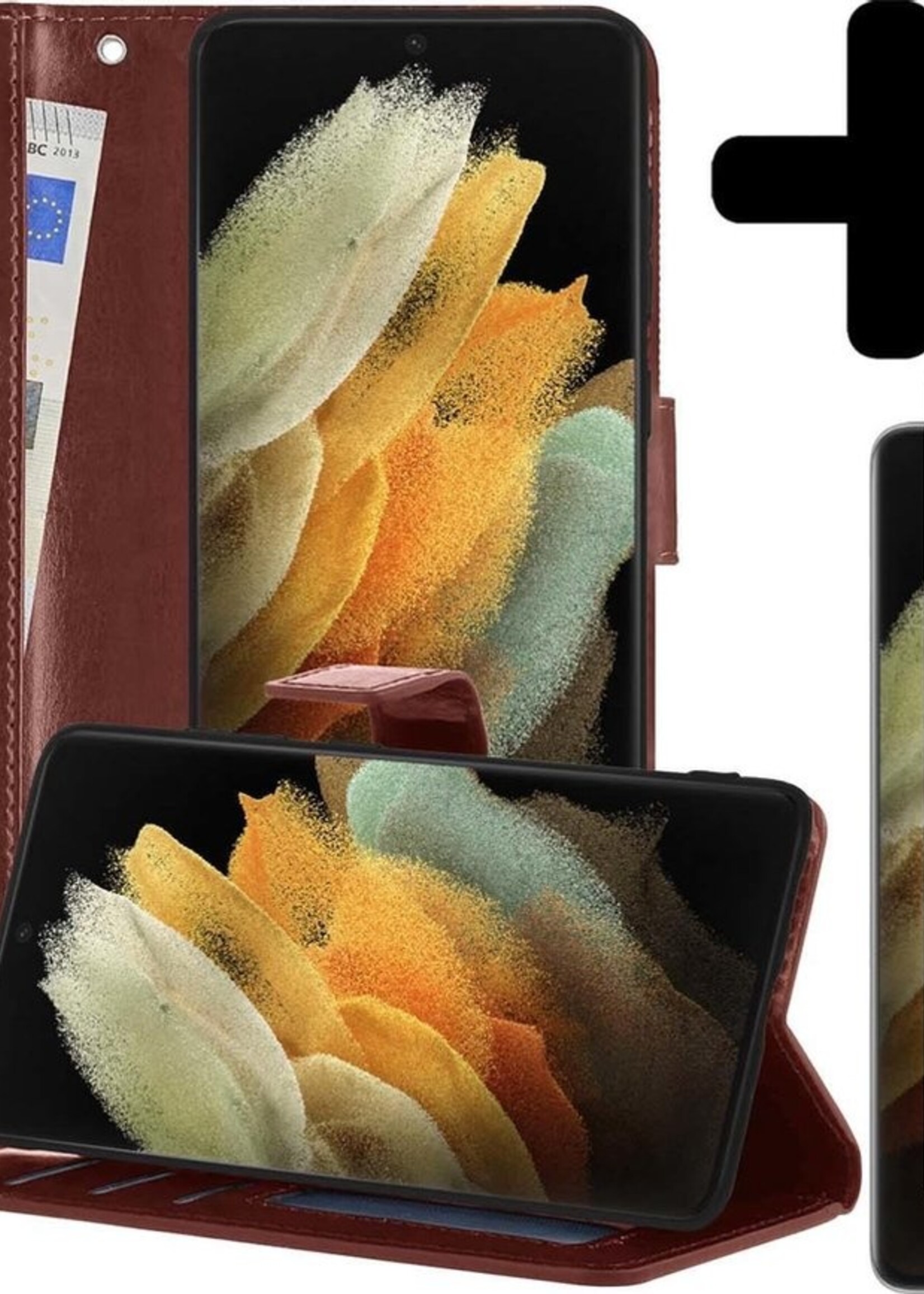 LUQ Hoesje Geschikt voor Samsung S21 Ultra Hoesje Book Case Hoes Wallet Cover Met 2x Screenprotector - Hoes Geschikt voor Samsung Galaxy S21 Ultra Hoesje Bookcase Hoes - Bruin