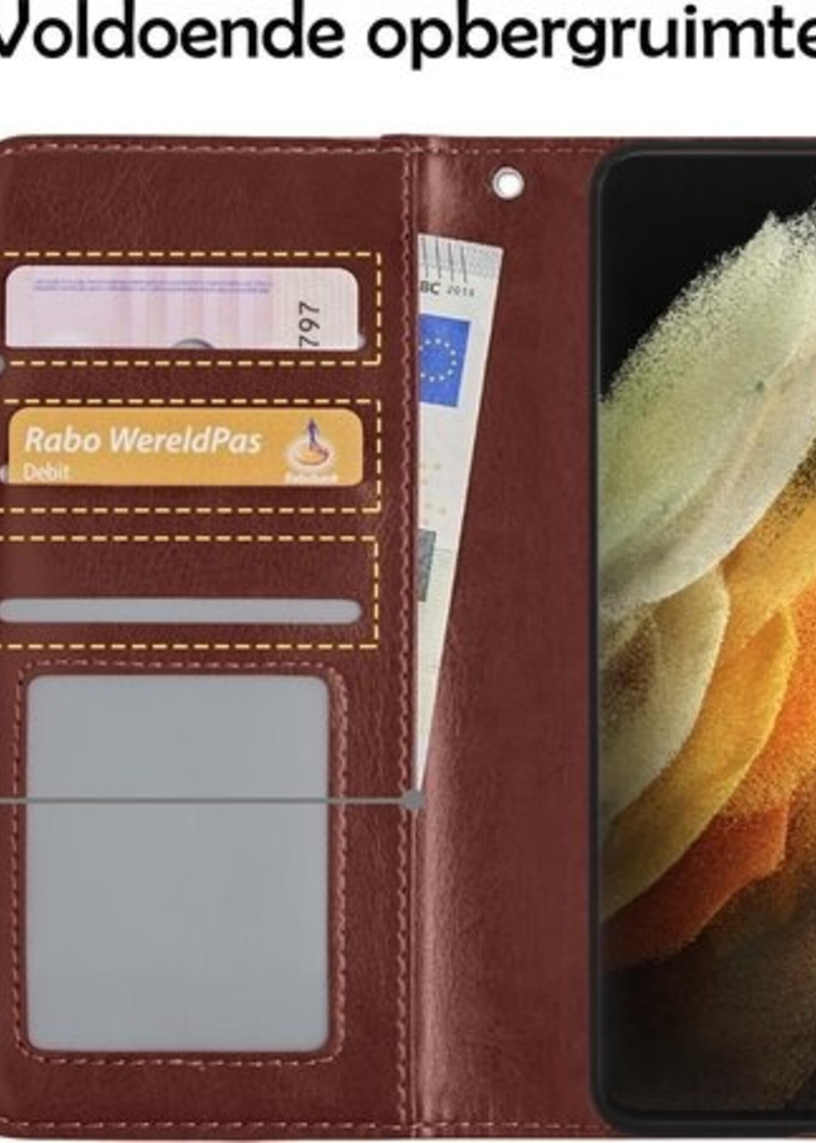 LUQ Hoesje Geschikt voor Samsung S21 Ultra Hoesje Book Case Hoes Wallet Cover Met 2x Screenprotector - Hoes Geschikt voor Samsung Galaxy S21 Ultra Hoesje Bookcase Hoes - Bruin