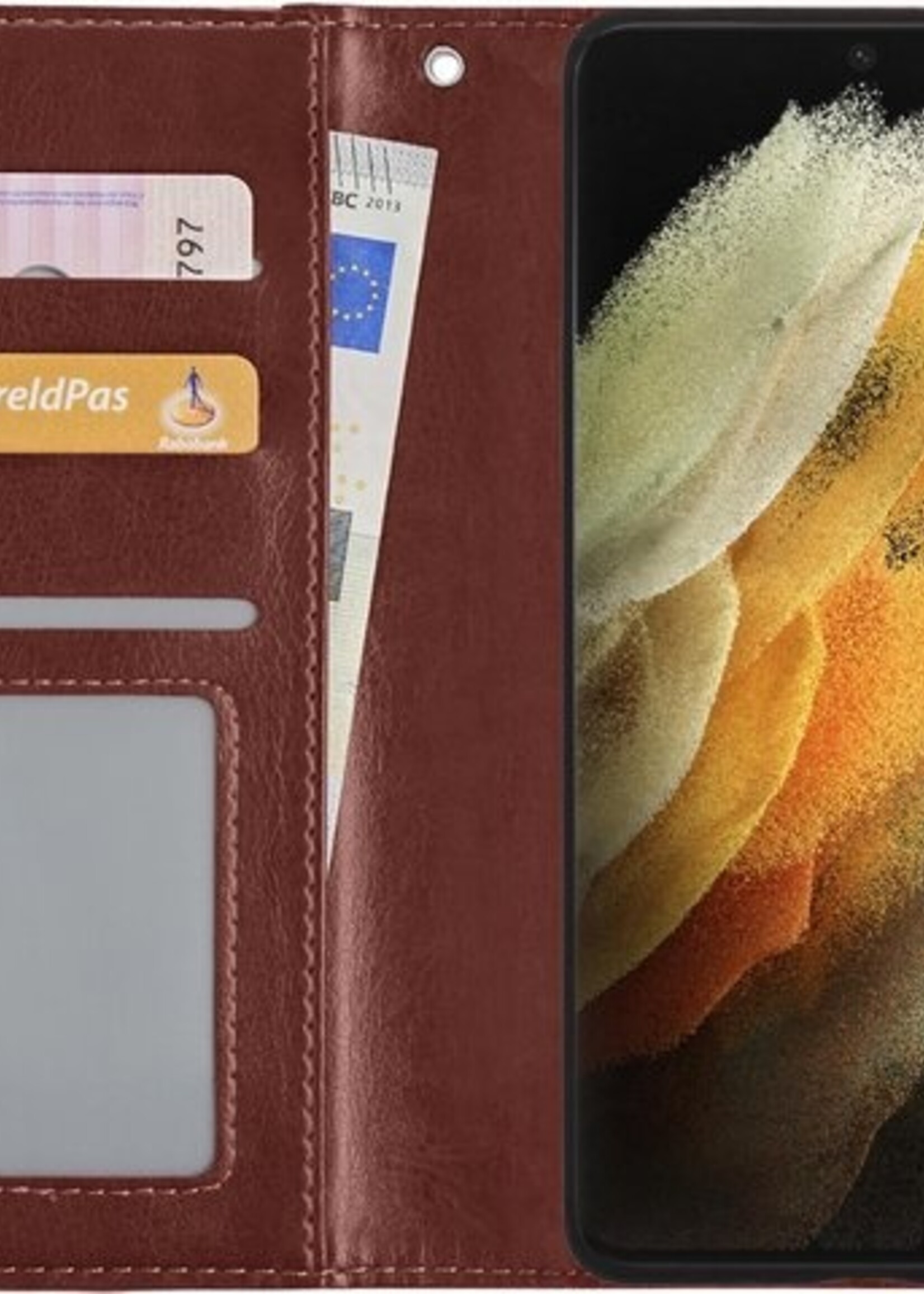 LUQ Hoesje Geschikt voor Samsung S21 Ultra Hoesje Book Case Hoes Wallet Cover Met 2x Screenprotector - Hoes Geschikt voor Samsung Galaxy S21 Ultra Hoesje Bookcase Hoes - Bruin