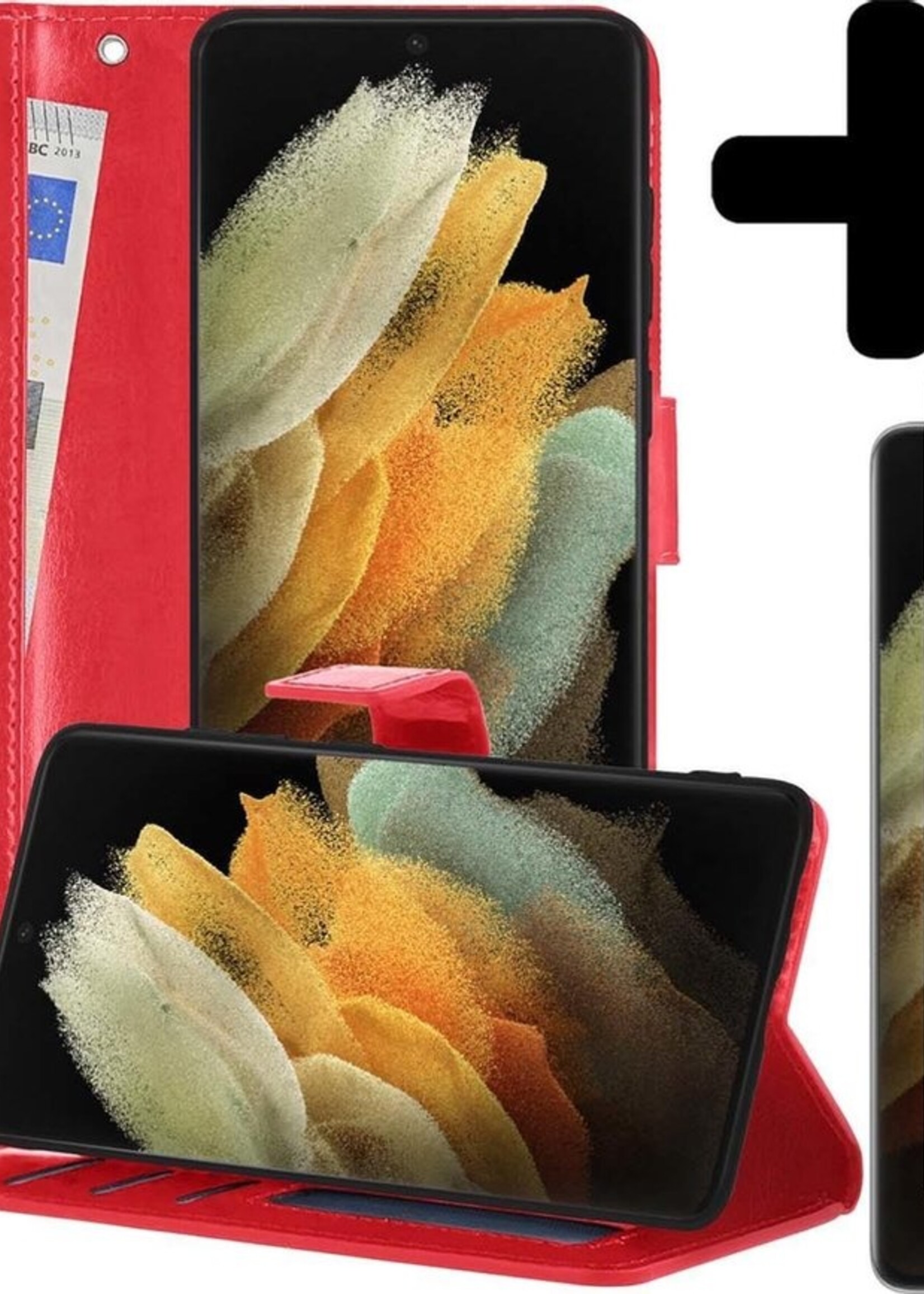 LUQ Hoesje Geschikt voor Samsung S21 Ultra Hoesje Book Case Hoes Wallet Cover Met 2x Screenprotector - Hoes Geschikt voor Samsung Galaxy S21 Ultra Hoesje Bookcase Hoes - Rood