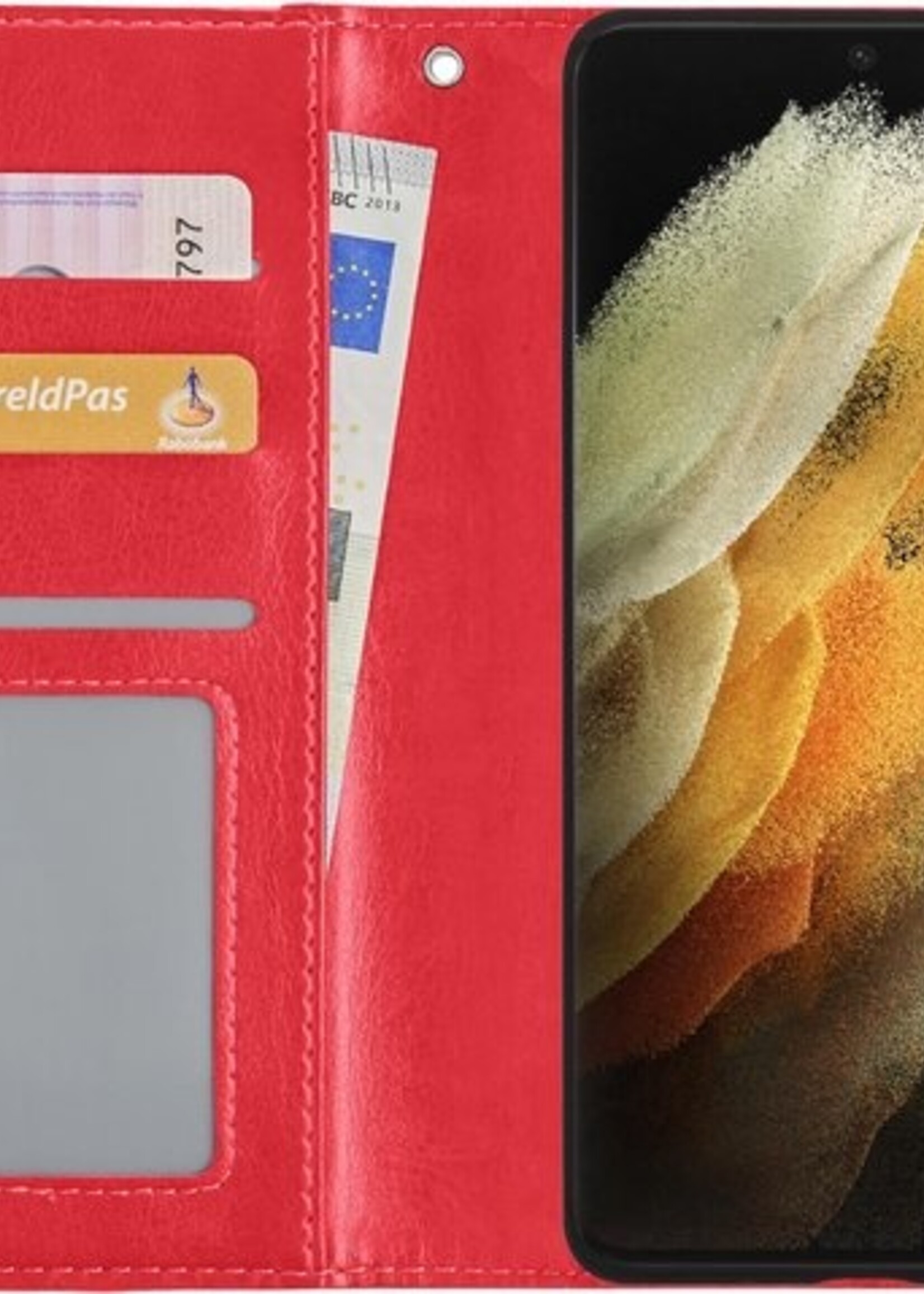 LUQ Hoesje Geschikt voor Samsung S21 Ultra Hoesje Book Case Hoes Wallet Cover Met 2x Screenprotector - Hoes Geschikt voor Samsung Galaxy S21 Ultra Hoesje Bookcase Hoes - Rood