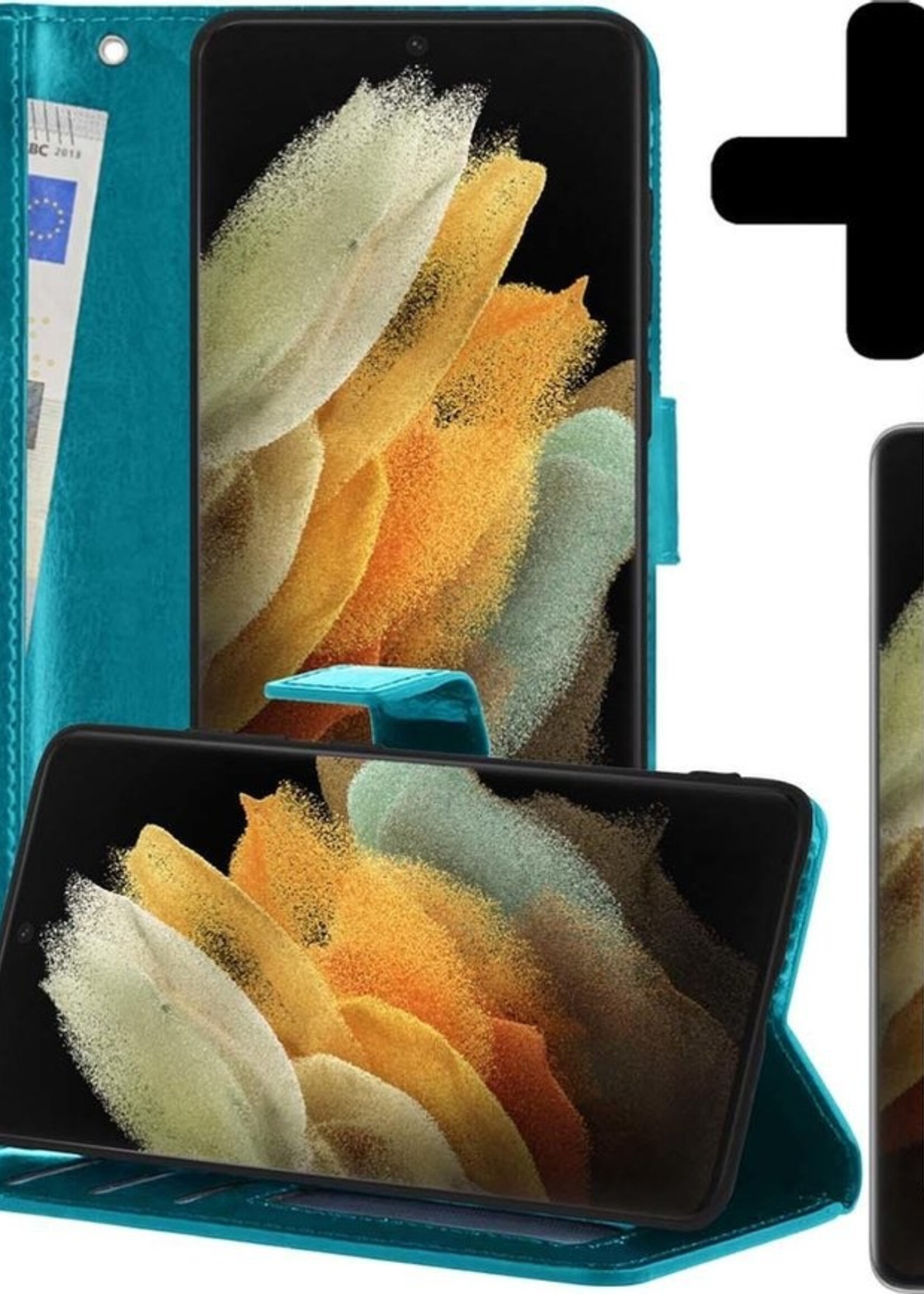 LUQ Hoesje Geschikt voor Samsung S21 Ultra Hoesje Book Case Hoes Wallet Cover Met 2x Screenprotector - Hoes Geschikt voor Samsung Galaxy S21 Ultra Hoesje Bookcase Hoes - Turquoise