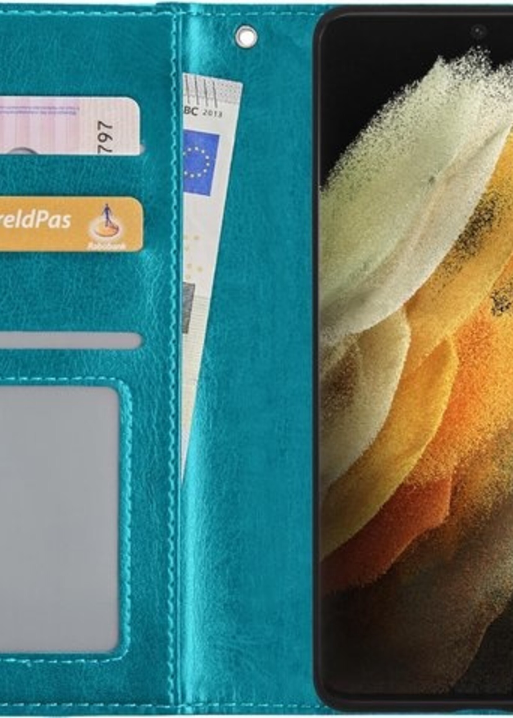 LUQ Hoesje Geschikt voor Samsung S21 Ultra Hoesje Book Case Hoes Wallet Cover Met 2x Screenprotector - Hoes Geschikt voor Samsung Galaxy S21 Ultra Hoesje Bookcase Hoes - Turquoise