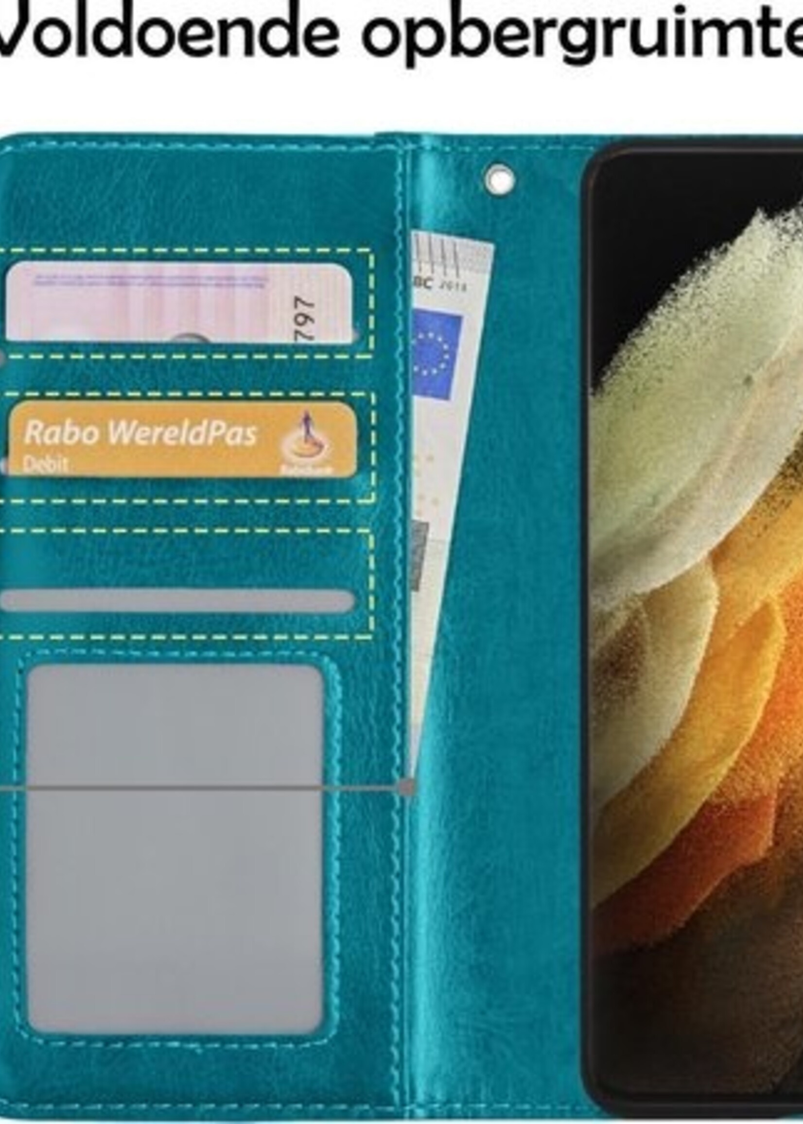 LUQ Hoesje Geschikt voor Samsung S21 Ultra Hoesje Book Case Hoes Wallet Cover Met 2x Screenprotector - Hoes Geschikt voor Samsung Galaxy S21 Ultra Hoesje Bookcase Hoes - Turquoise