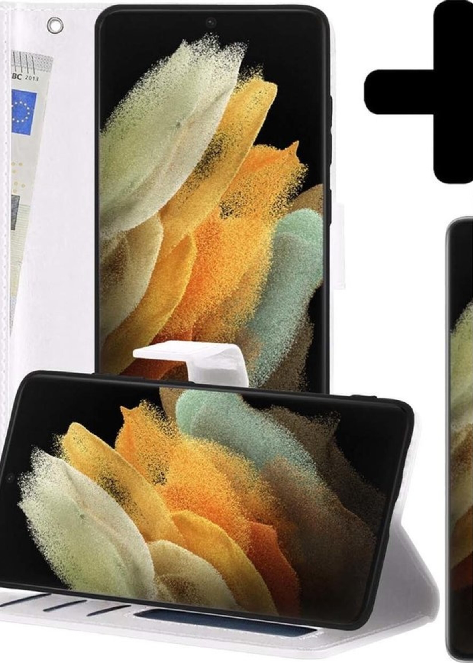 LUQ Hoesje Geschikt voor Samsung S21 Ultra Hoesje Book Case Hoes Wallet Cover Met 2x Screenprotector - Hoes Geschikt voor Samsung Galaxy S21 Ultra Hoesje Bookcase Hoes - Wit