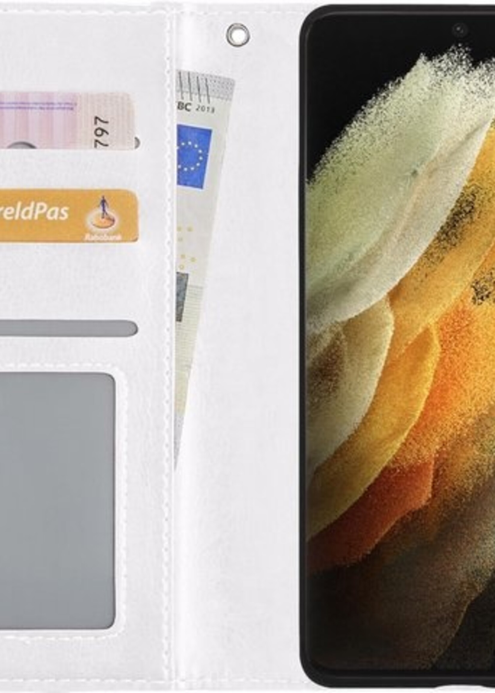 LUQ Hoesje Geschikt voor Samsung S21 Ultra Hoesje Book Case Hoes Wallet Cover Met 2x Screenprotector - Hoes Geschikt voor Samsung Galaxy S21 Ultra Hoesje Bookcase Hoes - Wit