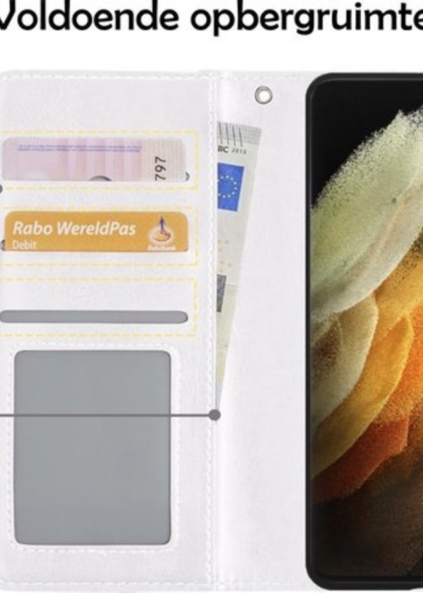 LUQ Hoesje Geschikt voor Samsung S21 Ultra Hoesje Book Case Hoes Wallet Cover Met 2x Screenprotector - Hoes Geschikt voor Samsung Galaxy S21 Ultra Hoesje Bookcase Hoes - Wit