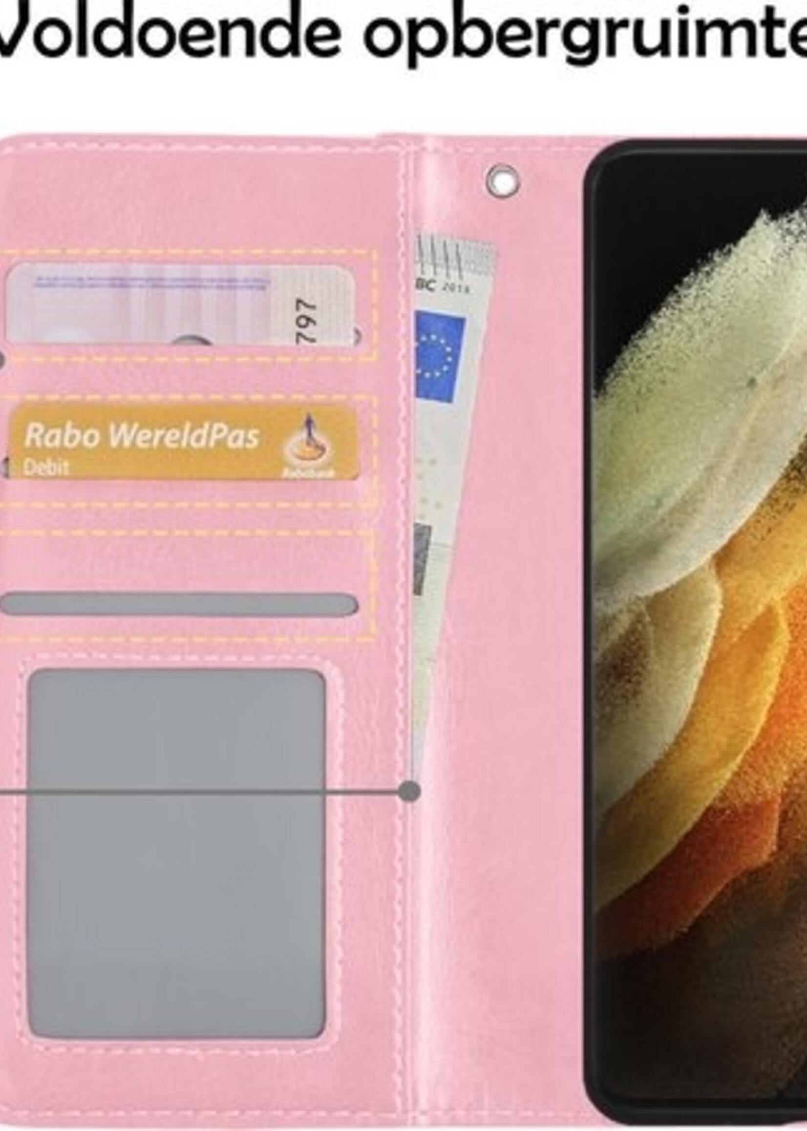 LUQ Hoesje Geschikt voor Samsung S21 Ultra Hoesje Book Case Hoes Wallet Cover Met 2x Screenprotector - Hoes Geschikt voor Samsung Galaxy S21 Ultra Hoesje Bookcase Hoes - Lichtroze