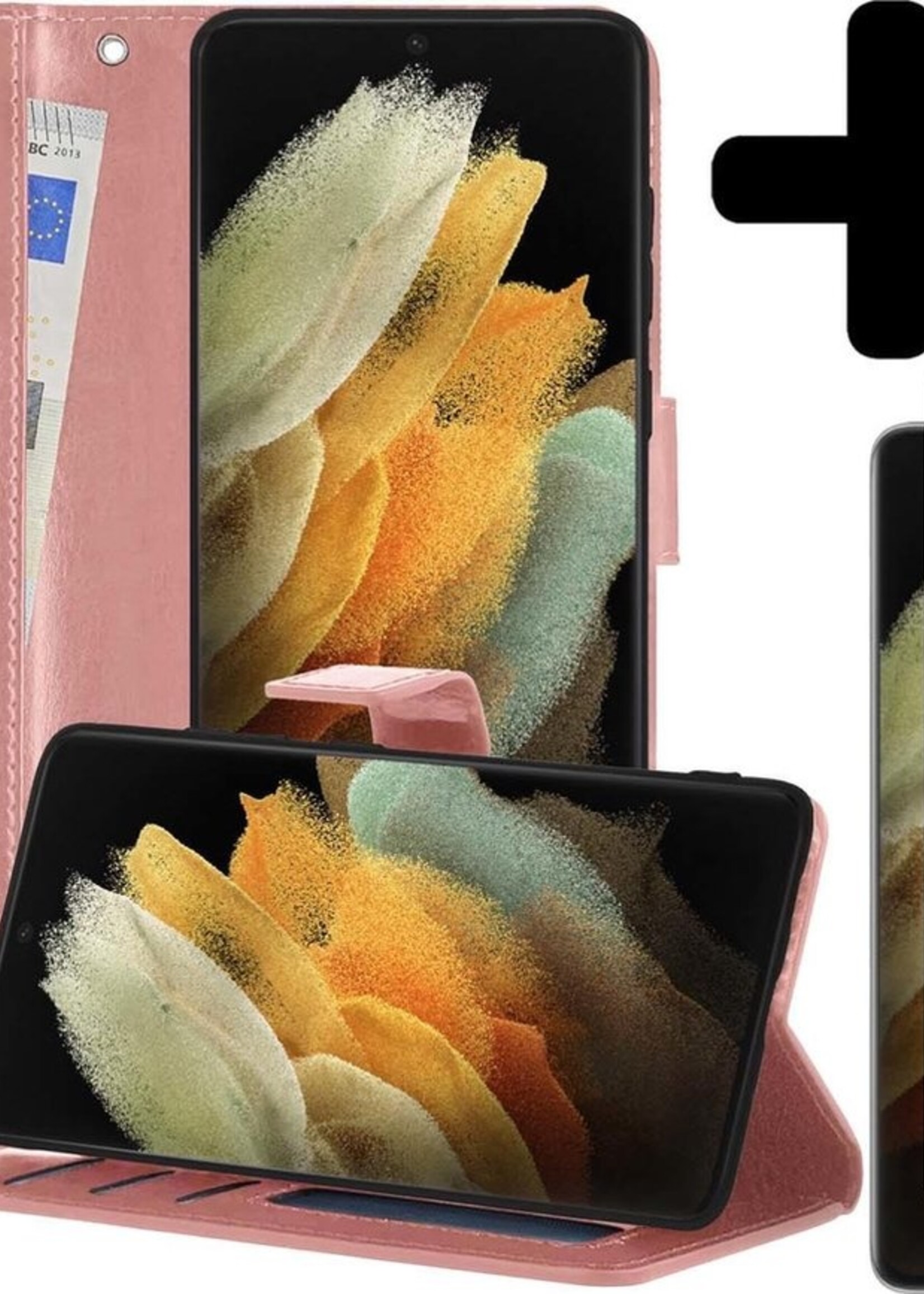 LUQ Hoesje Geschikt voor Samsung S21 Ultra Hoesje Book Case Hoes Wallet Cover Met 2x Screenprotector - Hoes Geschikt voor Samsung Galaxy S21 Ultra Hoesje Bookcase Hoes - Rosé goud