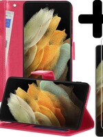 LUQ LUQ Samsung Galaxy S21 Ultra Hoesje Bookcase Donkerroze Met 2x Screenprotector