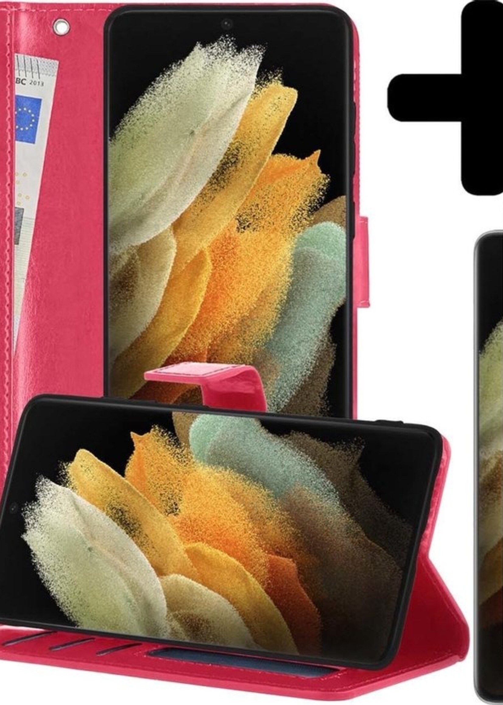 LUQ Hoesje Geschikt voor Samsung S21 Ultra Hoesje Book Case Hoes Wallet Cover Met 2x Screenprotector - Hoes Geschikt voor Samsung Galaxy S21 Ultra Hoesje Bookcase Hoes - Donkerroze