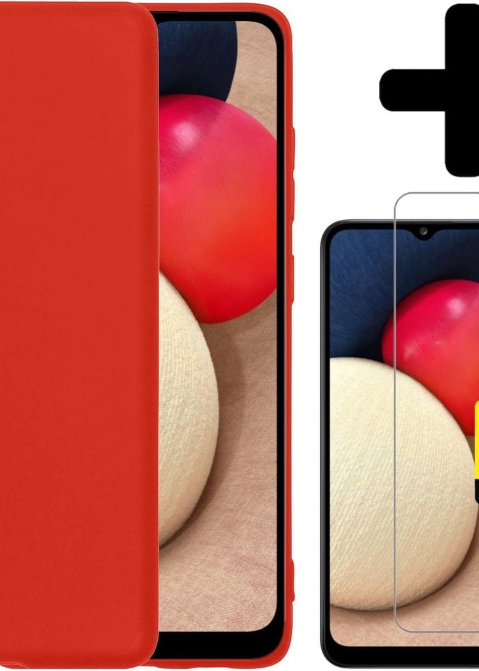 LUQ Hoesje Geschikt voor Samsung A02s Hoesje Siliconen Case Met 2x Screenprotector - Hoes Geschikt voor Samsung Galaxy A02s Hoes Siliconen - Rood