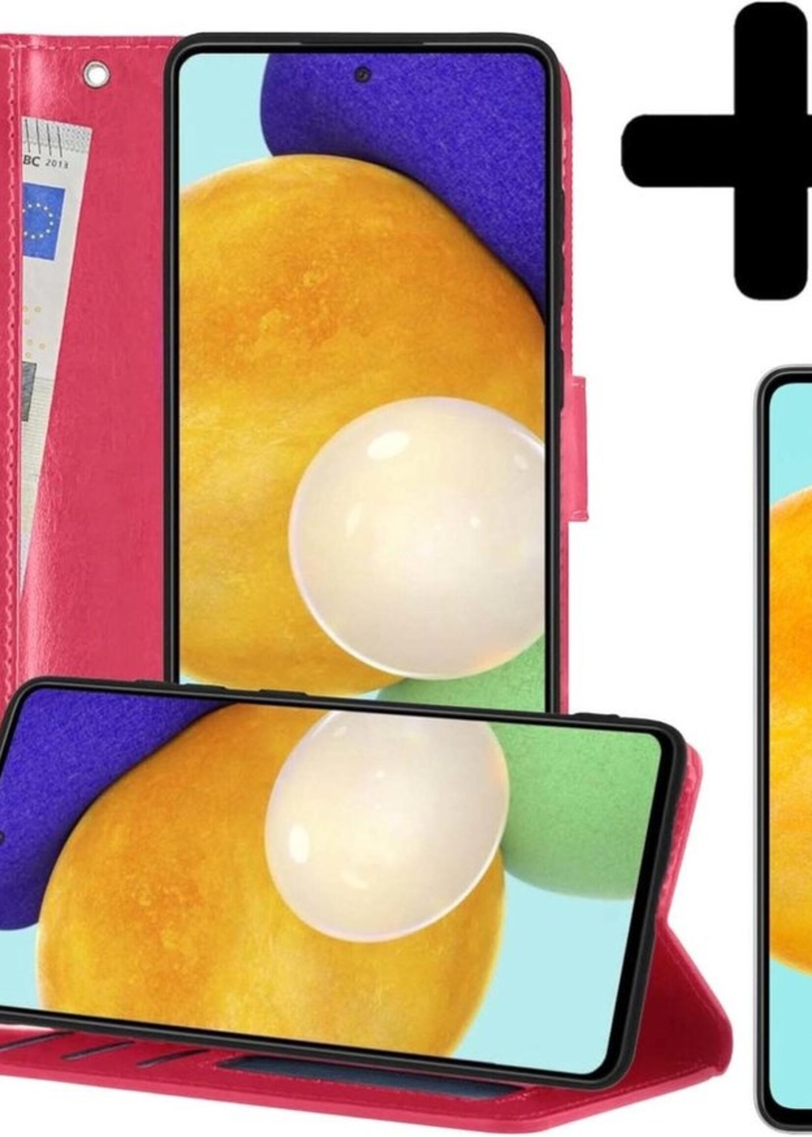 LUQ Hoesje Geschikt voor Samsung A52 5G Hoesje Book Case Hoes Wallet Cover Met 2x Screenprotector - Hoes Geschikt voor Samsung Galaxy A52 5G Hoesje Bookcase Hoes - Donkerroze