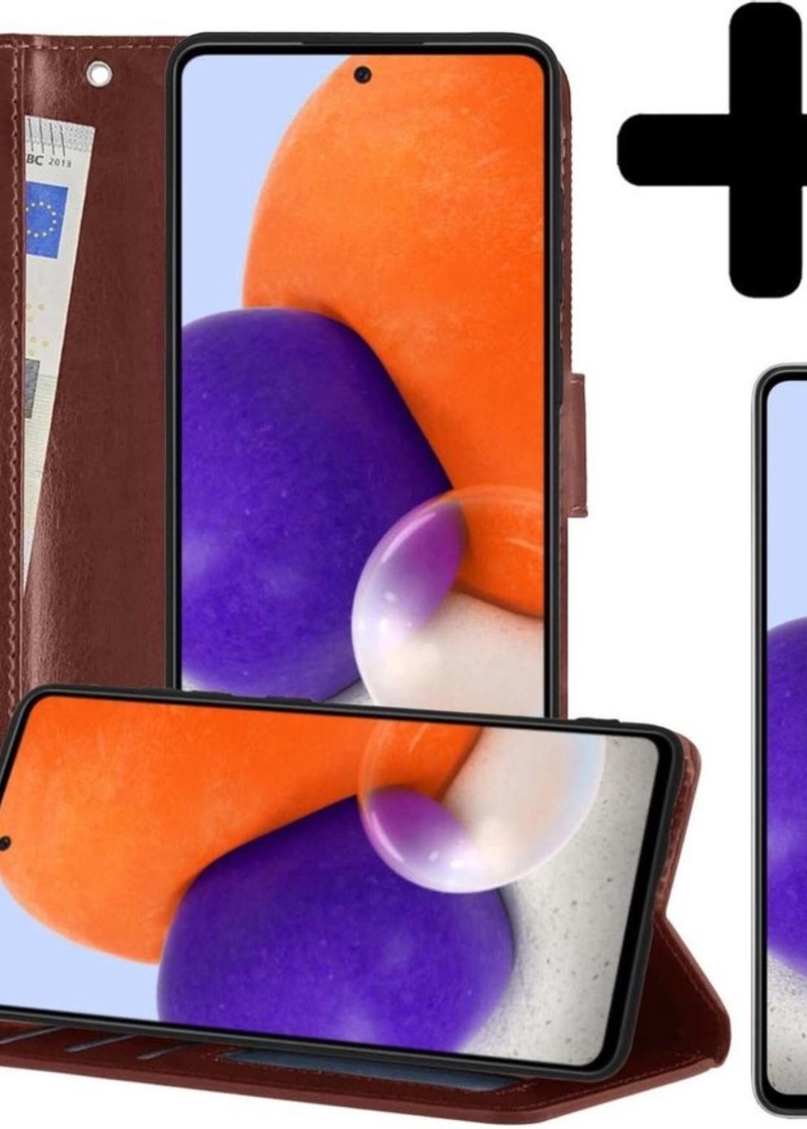 LUQ Hoesje Geschikt voor Samsung A72 5G Hoesje Book Case Hoes Wallet Cover Met 2x Screenprotector - Hoes Geschikt voor Samsung Galaxy A72 5G Hoesje Bookcase Hoes - Bruin