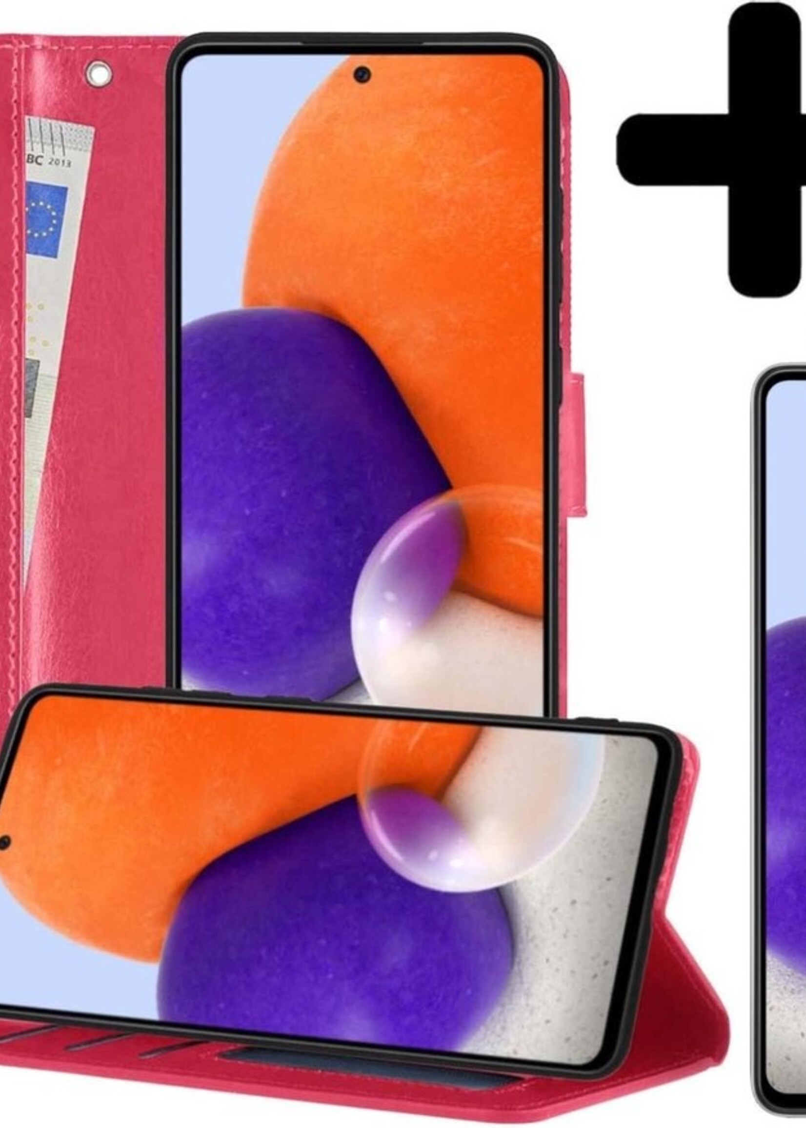 LUQ Hoesje Geschikt voor Samsung A72 5G Hoesje Book Case Hoes Wallet Cover Met 2x Screenprotector - Hoes Geschikt voor Samsung Galaxy A72 5G Hoesje Bookcase Hoes - Donkerroze