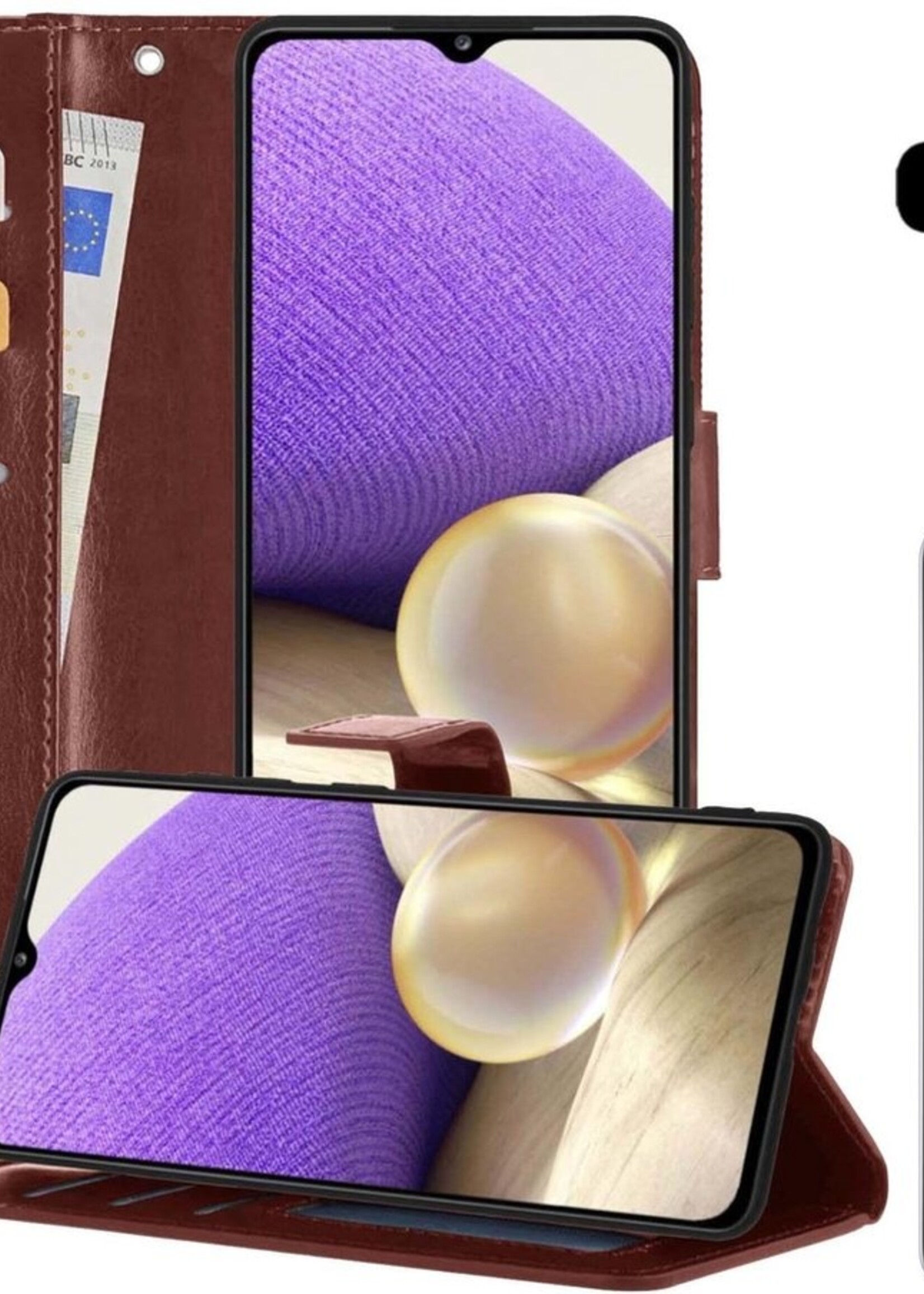 LUQ Hoesje Geschikt voor Samsung A32 5G Hoesje Book Case Hoes Wallet Cover Met Screenprotector - Hoes Geschikt voor Samsung Galaxy A32 5G Hoesje Bookcase Hoes - Bruin
