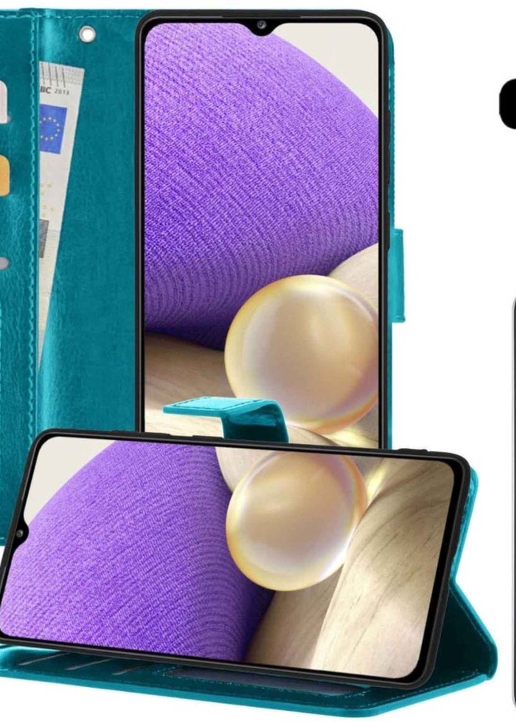 LUQ Hoesje Geschikt voor Samsung A32 5G Hoesje Book Case Hoes Wallet Cover Met 2x Screenprotector - Hoes Geschikt voor Samsung Galaxy A32 5G Hoesje Bookcase Hoes - Turquoise