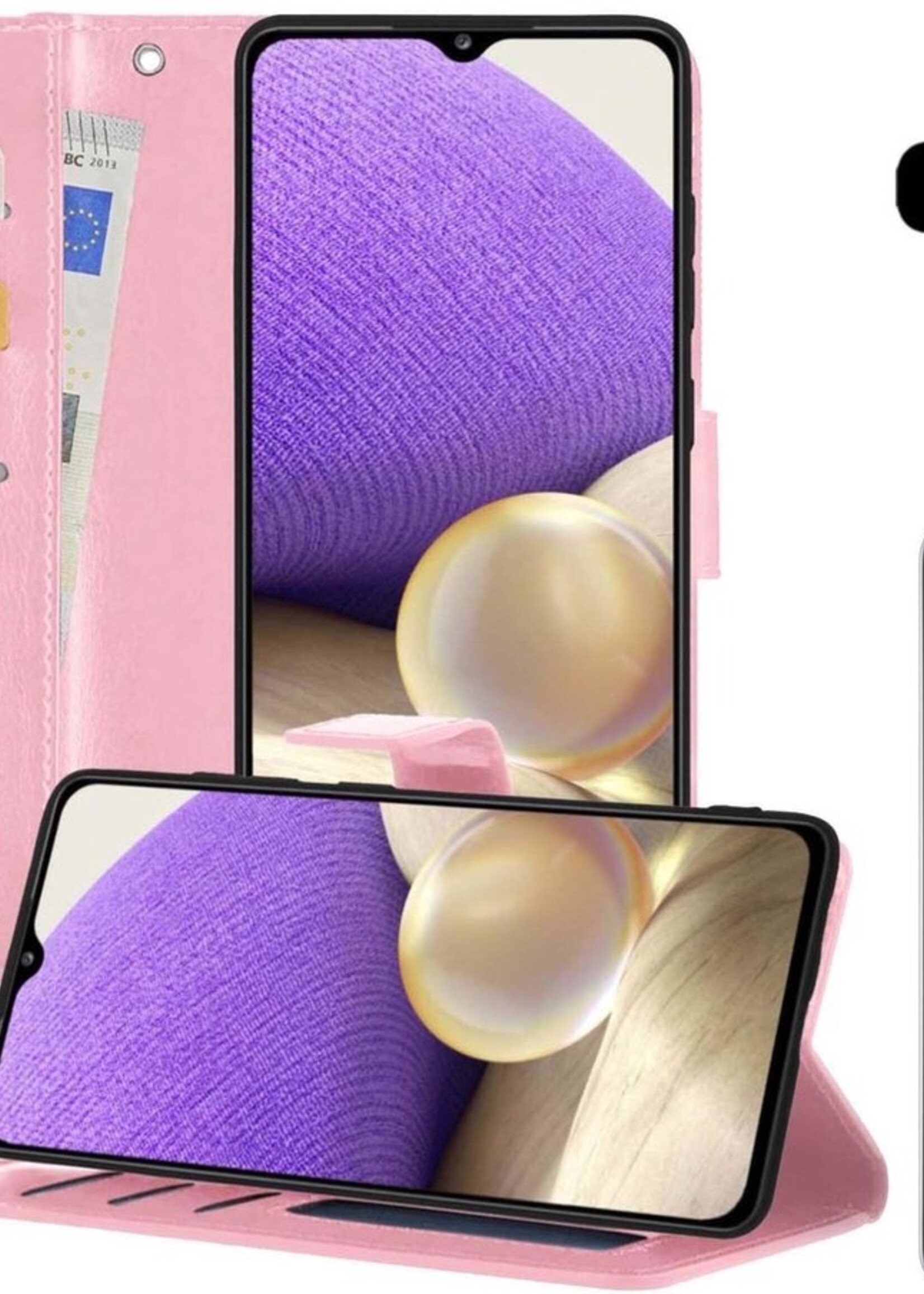 LUQ Hoesje Geschikt voor Samsung A32 5G Hoesje Book Case Hoes Wallet Cover Met 2x Screenprotector - Hoes Geschikt voor Samsung Galaxy A32 5G Hoesje Bookcase Hoes - Lichtroze