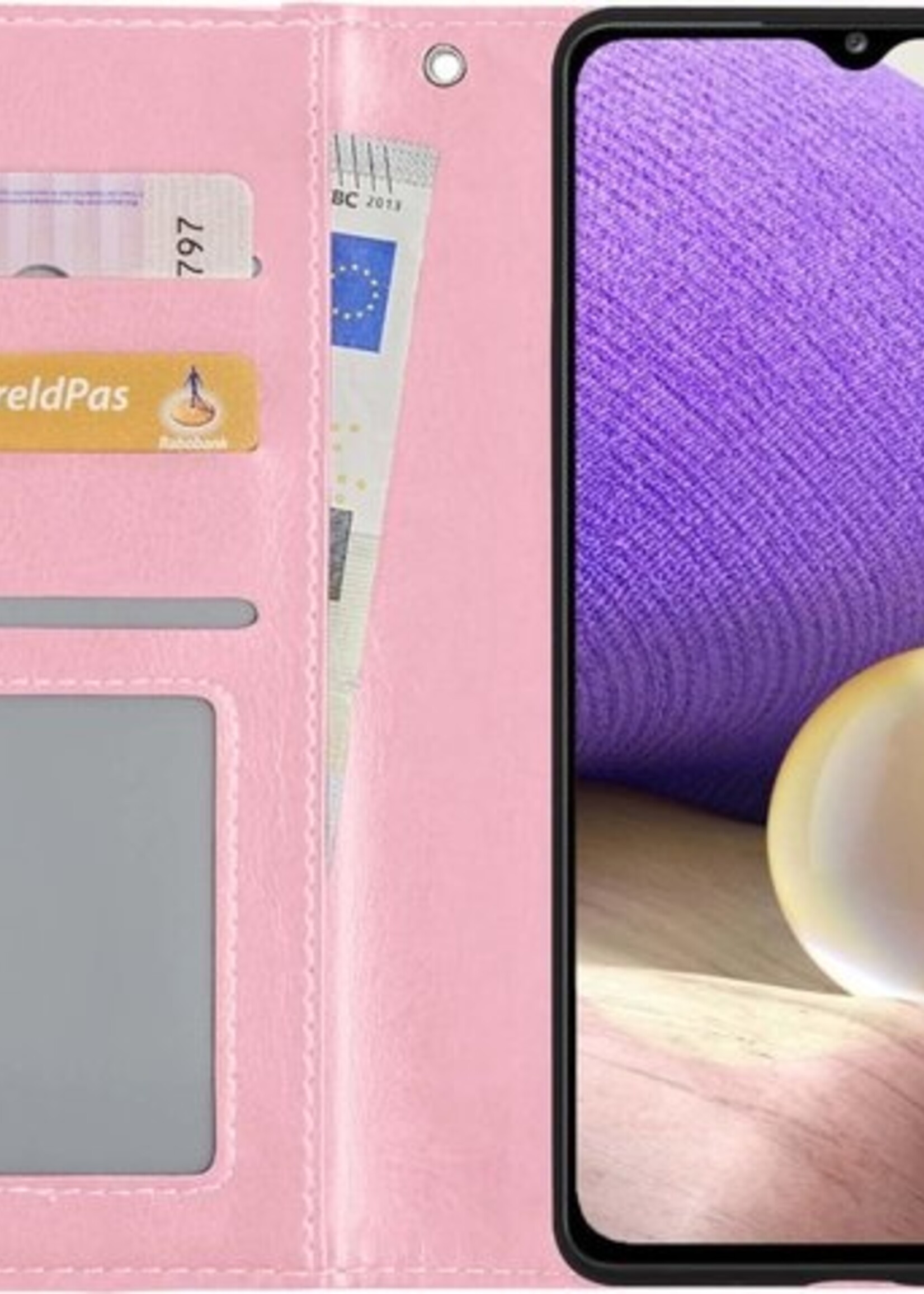 LUQ Hoesje Geschikt voor Samsung A32 5G Hoesje Book Case Hoes Wallet Cover Met 2x Screenprotector - Hoes Geschikt voor Samsung Galaxy A32 5G Hoesje Bookcase Hoes - Lichtroze