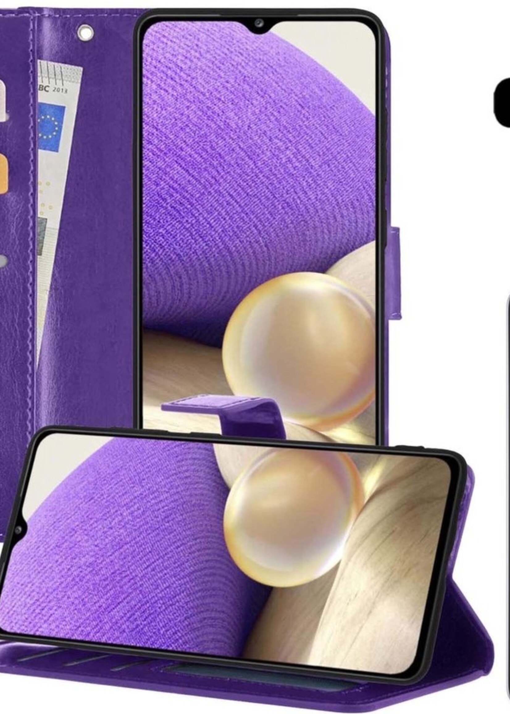 LUQ Hoesje Geschikt voor Samsung A32 5G Hoesje Book Case Hoes Wallet Cover Met 2x Screenprotector - Hoes Geschikt voor Samsung Galaxy A32 5G Hoesje Bookcase Hoes - Paars