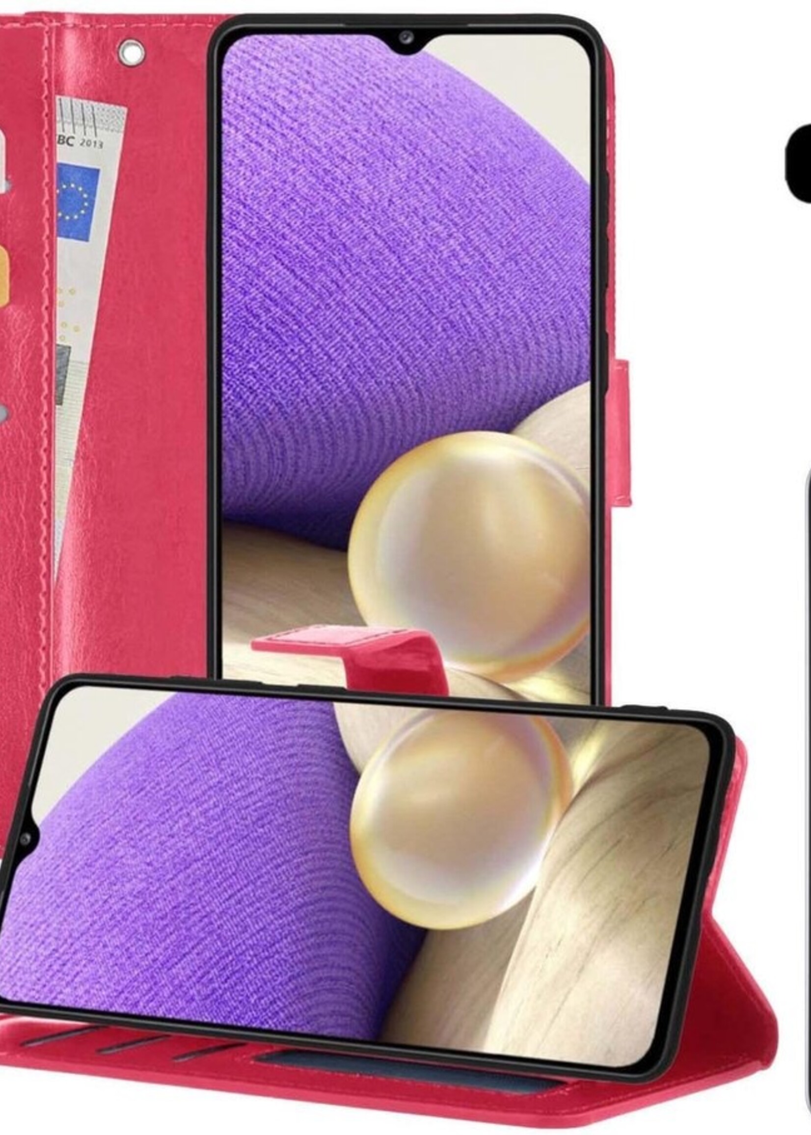 LUQ Hoesje Geschikt voor Samsung A32 5G Hoesje Book Case Hoes Wallet Cover Met 2x Screenprotector - Hoes Geschikt voor Samsung Galaxy A32 5G Hoesje Bookcase Hoes - Donkerroze