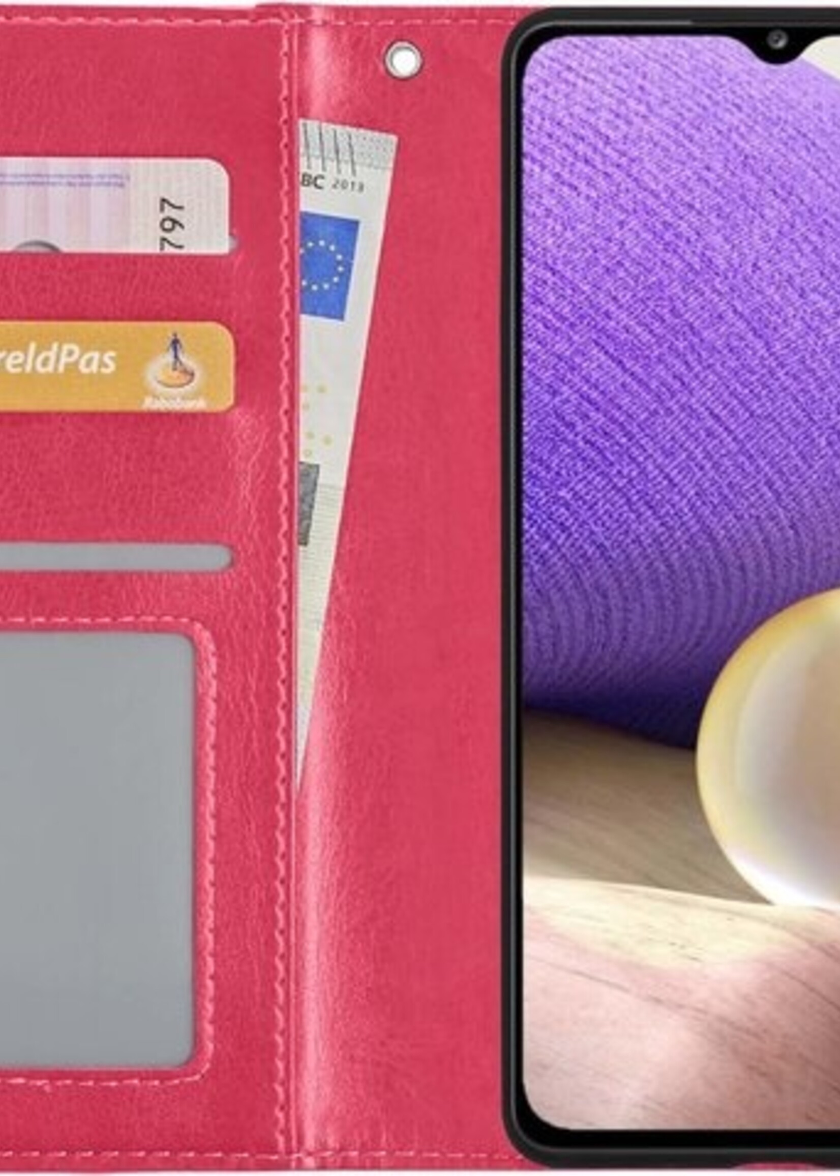 LUQ Hoesje Geschikt voor Samsung A32 5G Hoesje Book Case Hoes Wallet Cover Met 2x Screenprotector - Hoes Geschikt voor Samsung Galaxy A32 5G Hoesje Bookcase Hoes - Donkerroze