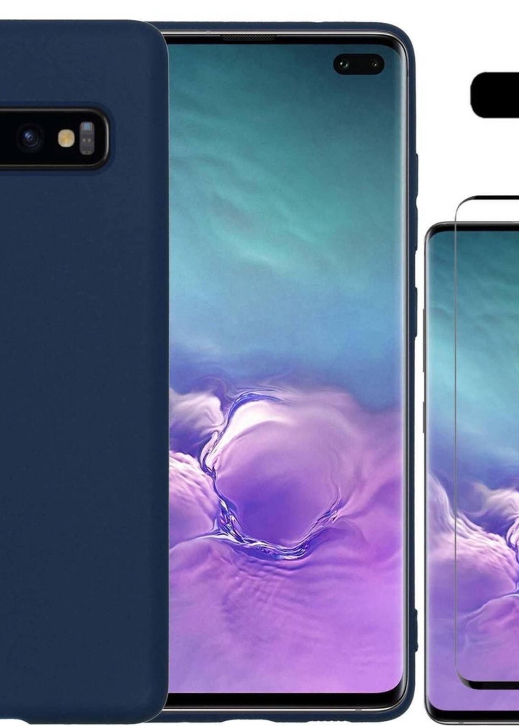 LUQ Hoesje Geschikt voor Samsung S10 Hoesje Siliconen Case Met Screenprotector - Hoes Geschikt voor Samsung Galaxy S10 Hoes Siliconen - Donkerblauw