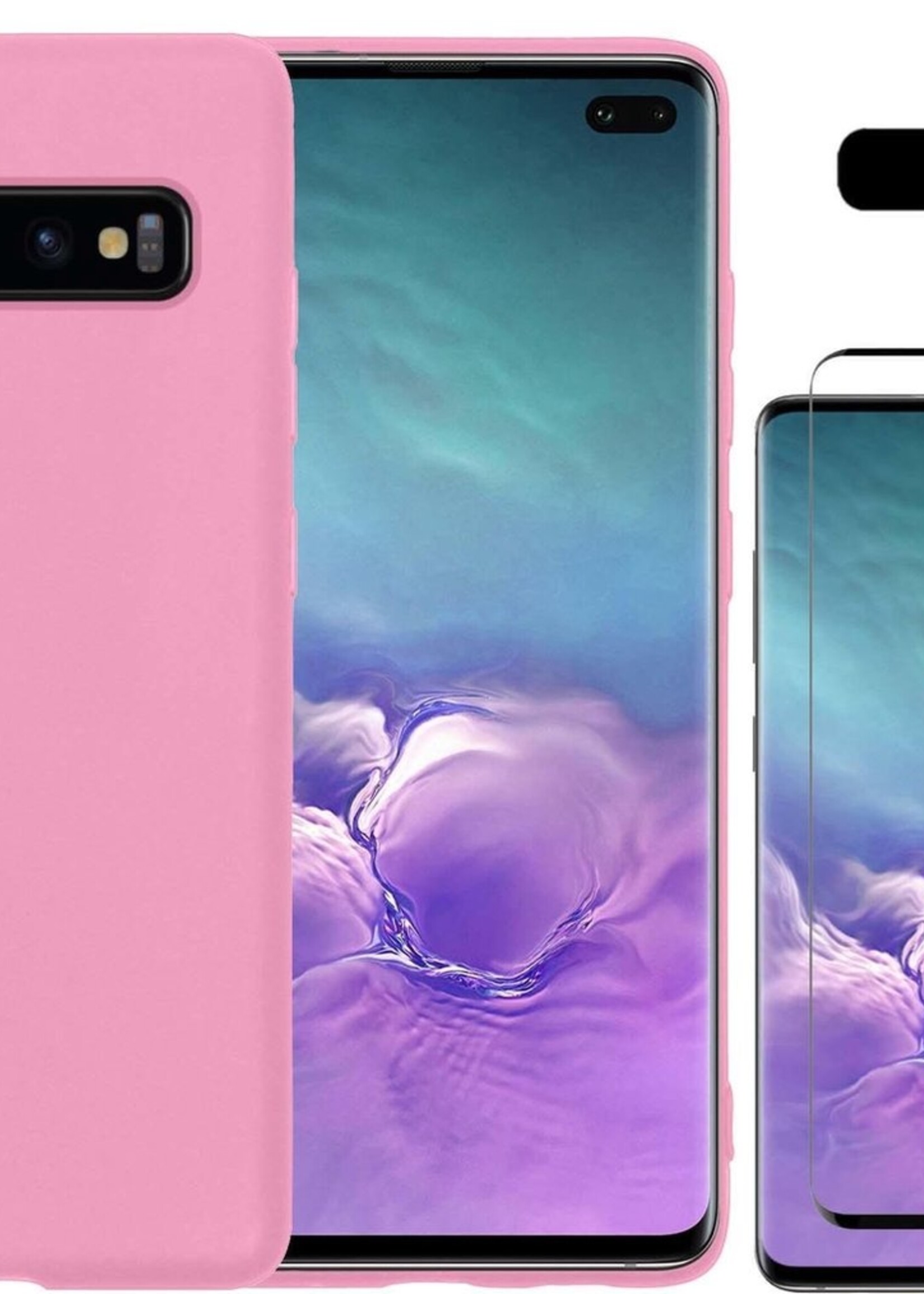 LUQ Hoesje Geschikt voor Samsung S10 Hoesje Siliconen Case Met Screenprotector - Hoes Geschikt voor Samsung Galaxy S10 Hoes Siliconen - Lichtroze