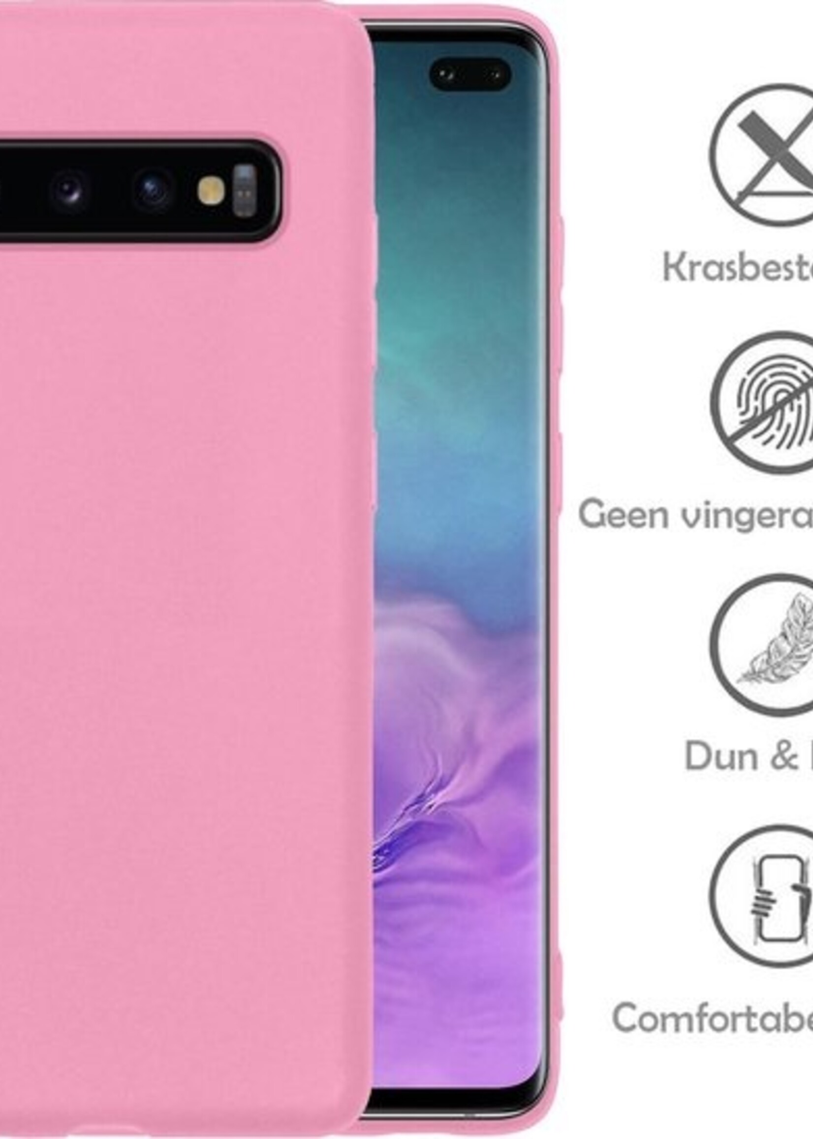 LUQ Hoesje Geschikt voor Samsung S10 Hoesje Siliconen Case Met Screenprotector - Hoes Geschikt voor Samsung Galaxy S10 Hoes Siliconen - Lichtroze