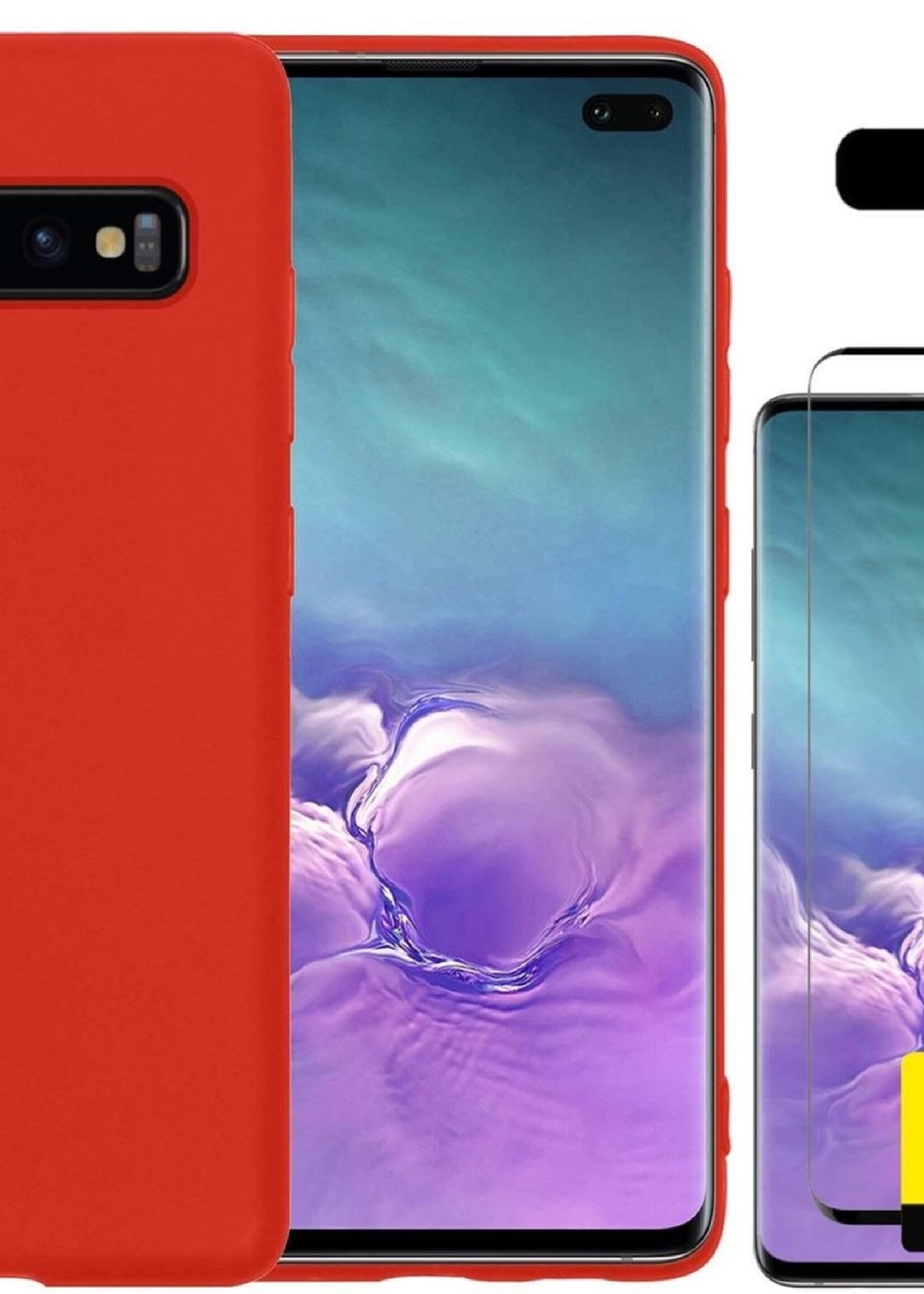 LUQ Hoesje Geschikt voor Samsung S10 Hoesje Siliconen Case Met 2x Screenprotector - Hoes Geschikt voor Samsung Galaxy S10 Hoes Siliconen - Rood
