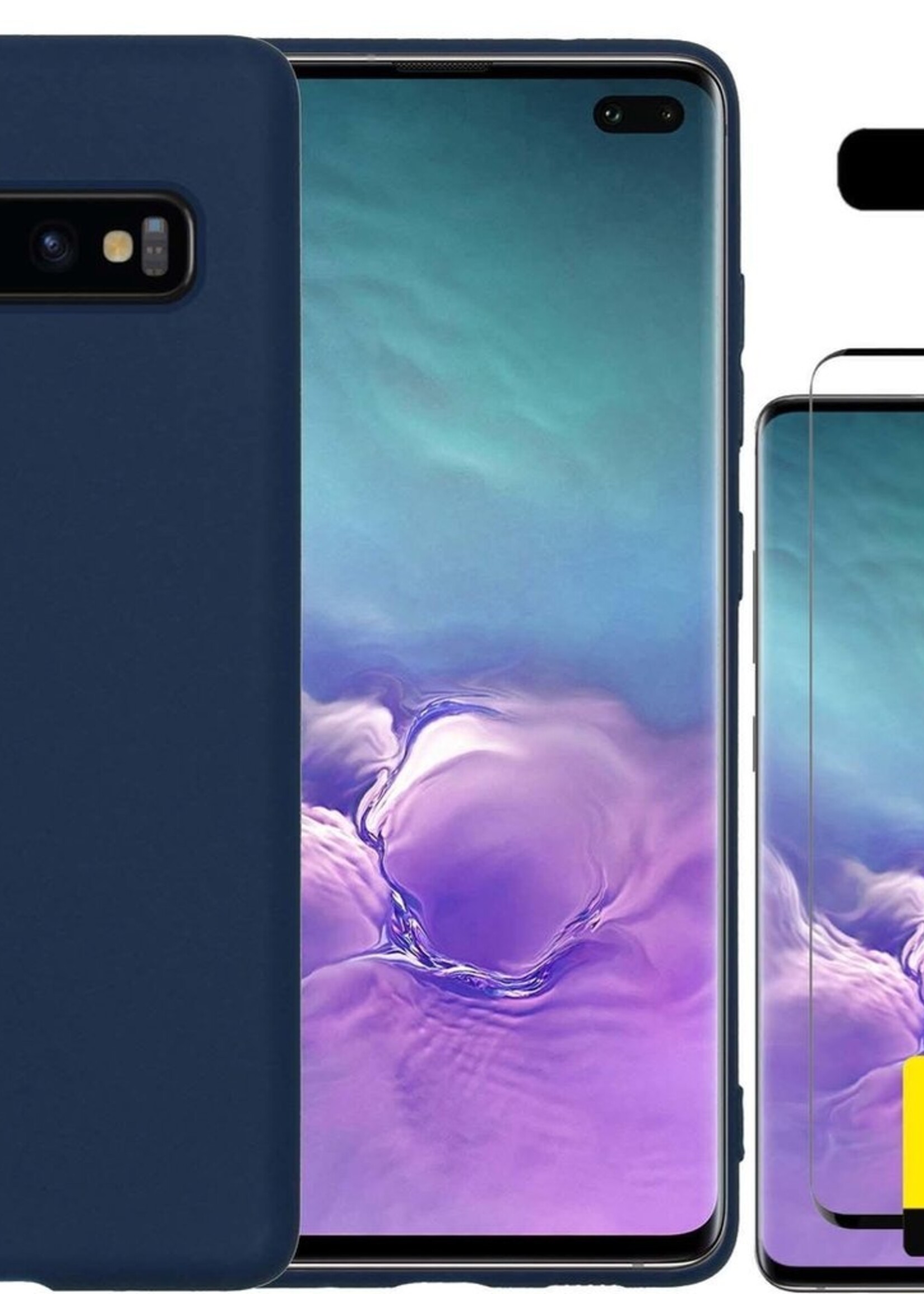 LUQ Hoesje Geschikt voor Samsung S10 Hoesje Siliconen Case Met 2x Screenprotector - Hoes Geschikt voor Samsung Galaxy S10 Hoes Siliconen - Donkerblauw