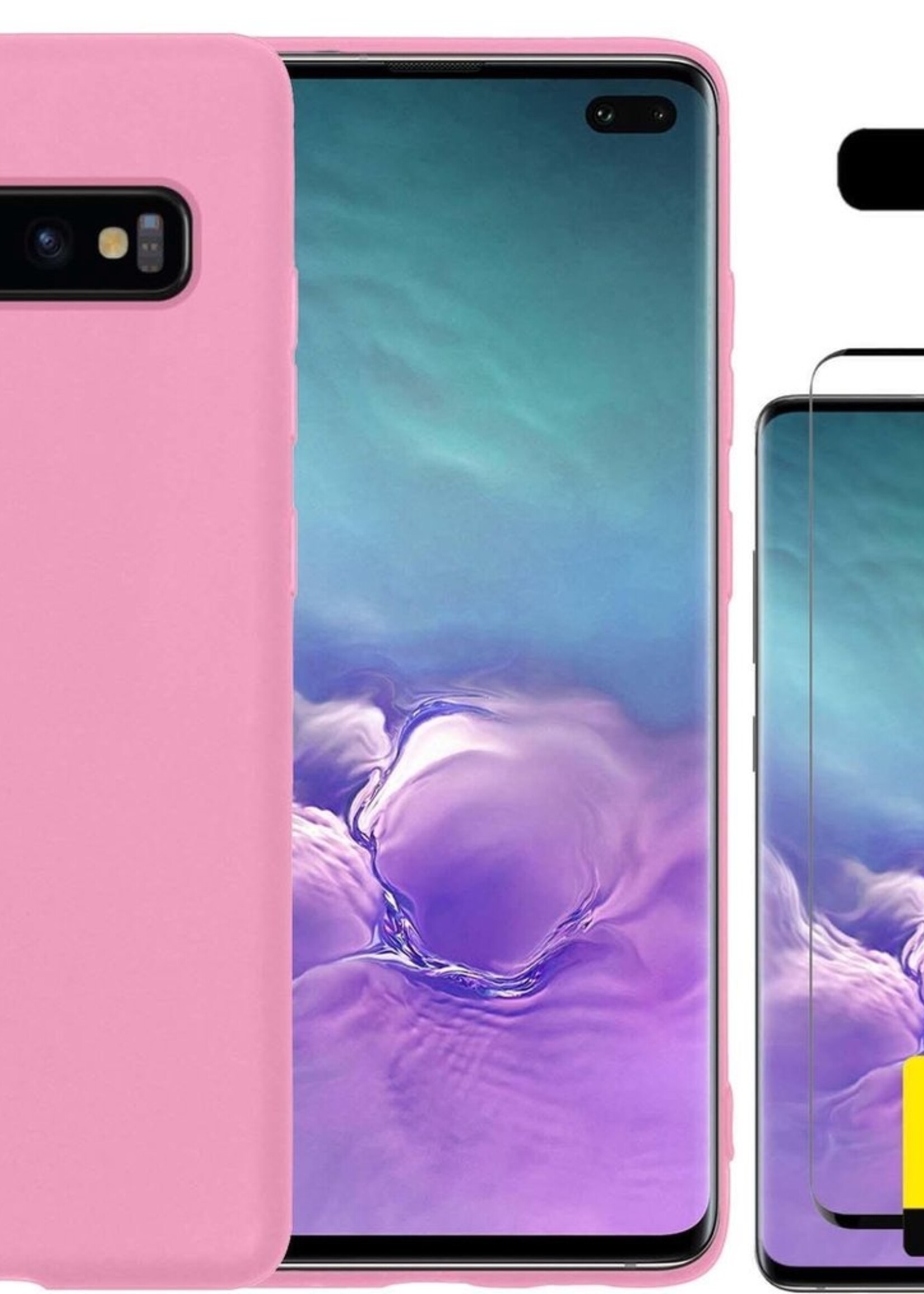 LUQ Hoesje Geschikt voor Samsung S10 Hoesje Siliconen Case Met 2x Screenprotector - Hoes Geschikt voor Samsung Galaxy S10 Hoes Siliconen - Lichtroze