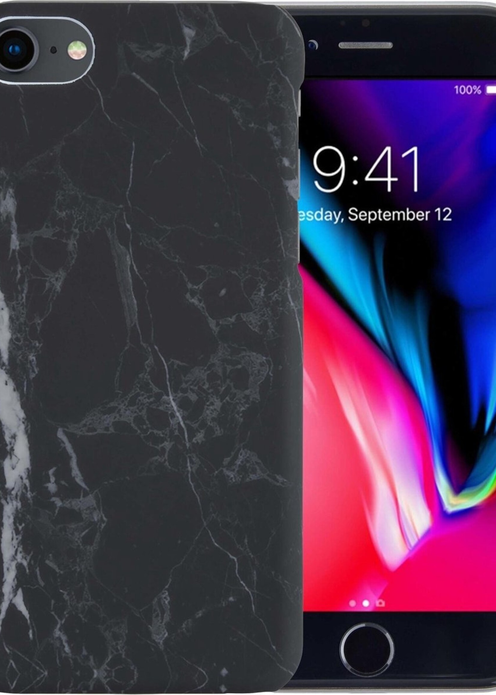 LUQ Hoesje Geschikt voor iPhone SE 2020 Hoesje Marmer Case Hard Cover - Hoes Geschikt voor iPhone SE (2020) Case Marmer Hoesje Backcover - Zwart