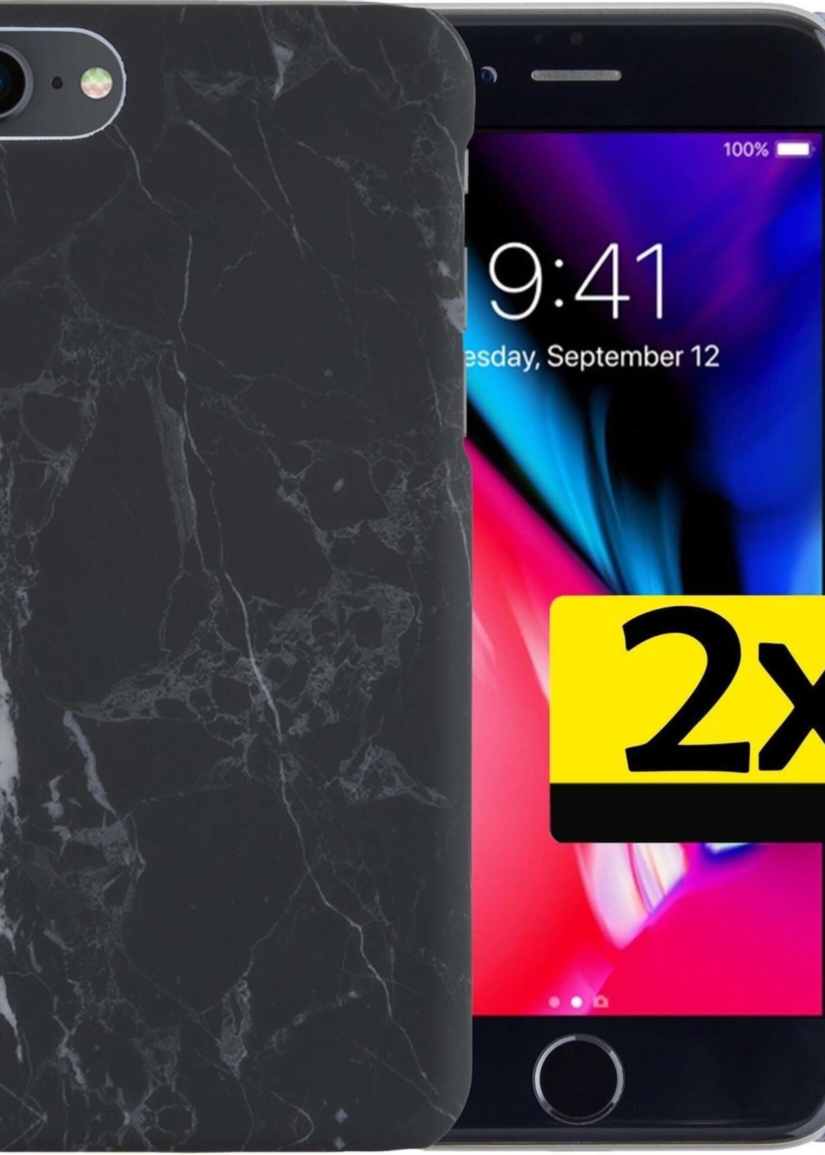 LUQ Hoesje Geschikt voor iPhone 7/8 Hoesje Marmer Case Hard Cover - Hoes Geschikt voor iPhone 7/8 Case Marmer Hoesje Backcover - Zwart - 2 Stuks