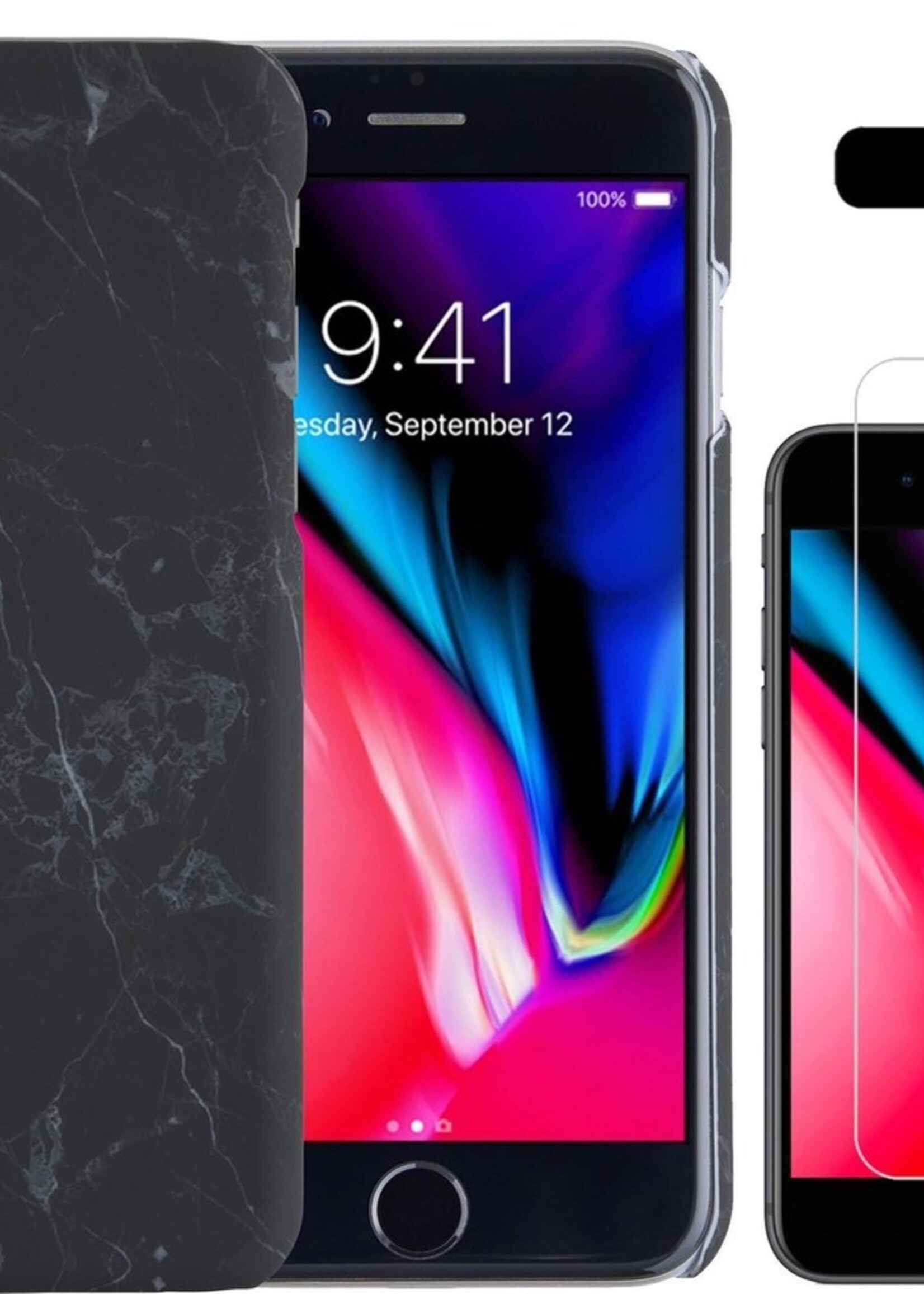 LUQ Hoesje Geschikt voor iPhone 8 Hoesje Marmer Case Hard Cover Met Screenprotector - Hoes Geschikt voor iPhone 8 Case Marmer Hoesje Backcover - Zwart