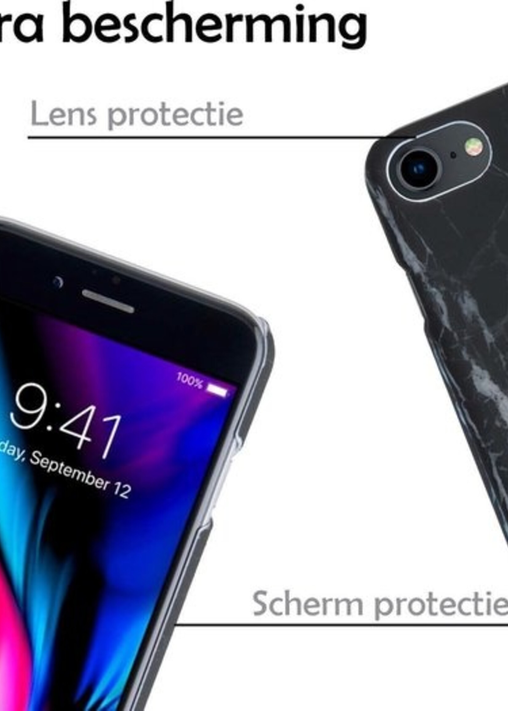 LUQ Hoesje Geschikt voor iPhone 7/8/SE 2020 Hoesje Marmer Case Hard Cover Met Screenprotector - Hoes Geschikt voor iPhone 7/8/SE 2020 Case Marmer Hoesje Backcover - Zwart