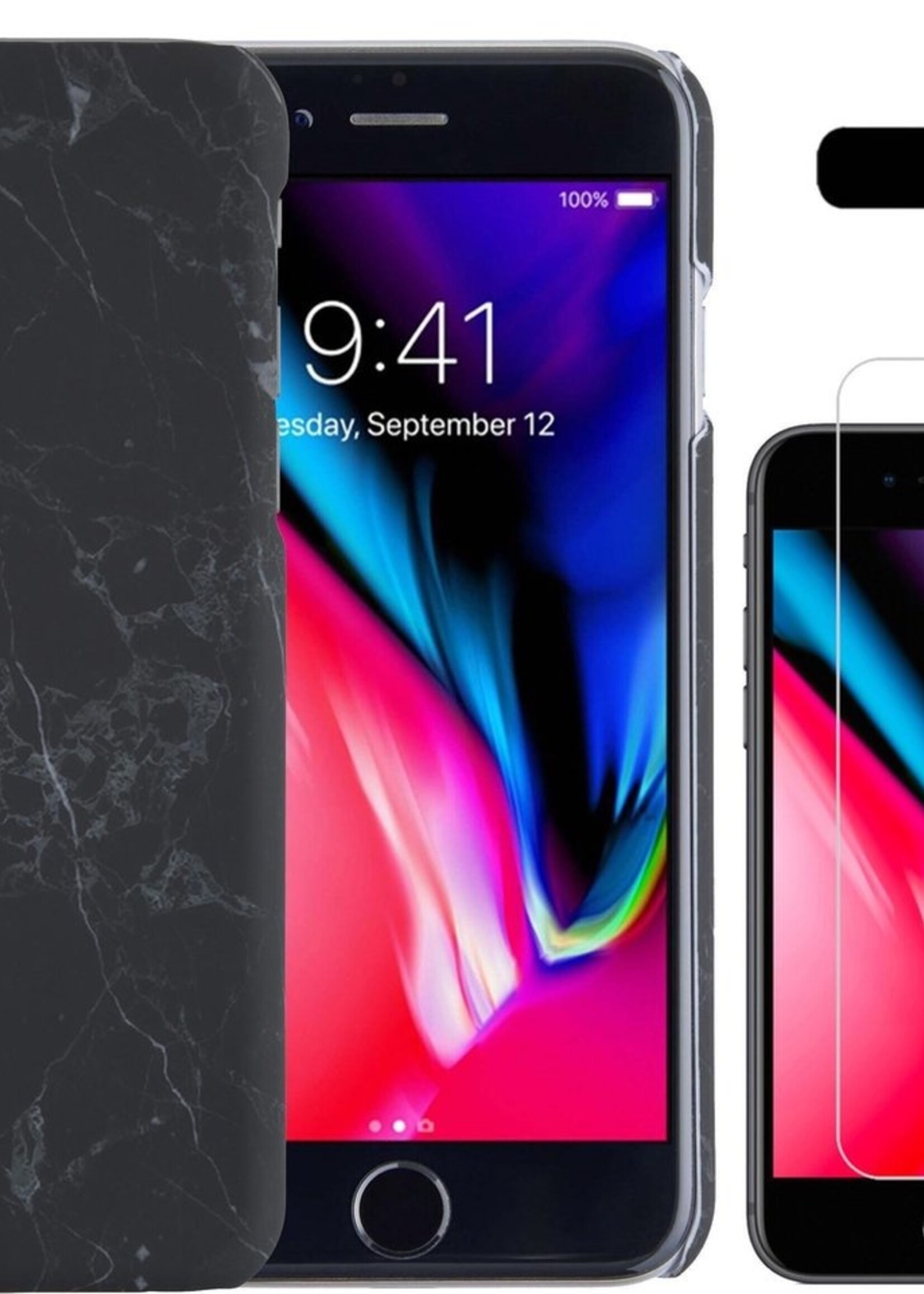 LUQ Hoesje Geschikt voor iPhone SE 2020 Hoesje Marmer Case Hard Cover Met 2x Screenprotector - Hoes Geschikt voor iPhone SE (2020) Case Marmer Hoesje Backcover - Zwart
