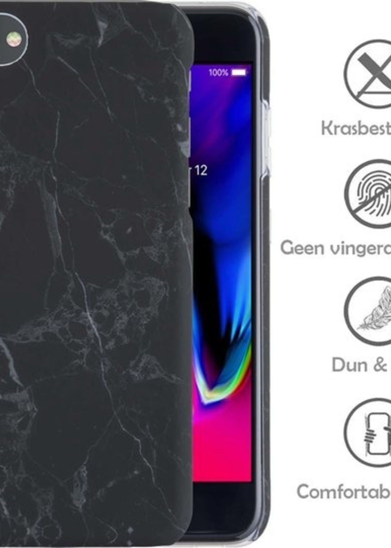 LUQ Hoesje Geschikt voor iPhone SE 2020 Hoesje Marmer Case Hard Cover Met 2x Screenprotector - Hoes Geschikt voor iPhone SE (2020) Case Marmer Hoesje Backcover - Zwart