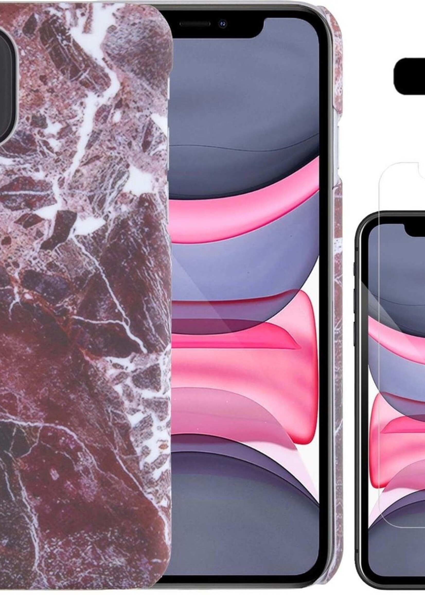 LUQ Hoesje Geschikt voor iPhone 11 Hoesje Marmer Case Hard Cover Met Screenprotector - Hoes Geschikt voor iPhone 11 Case Marmer Hoesje Backcover - Rood